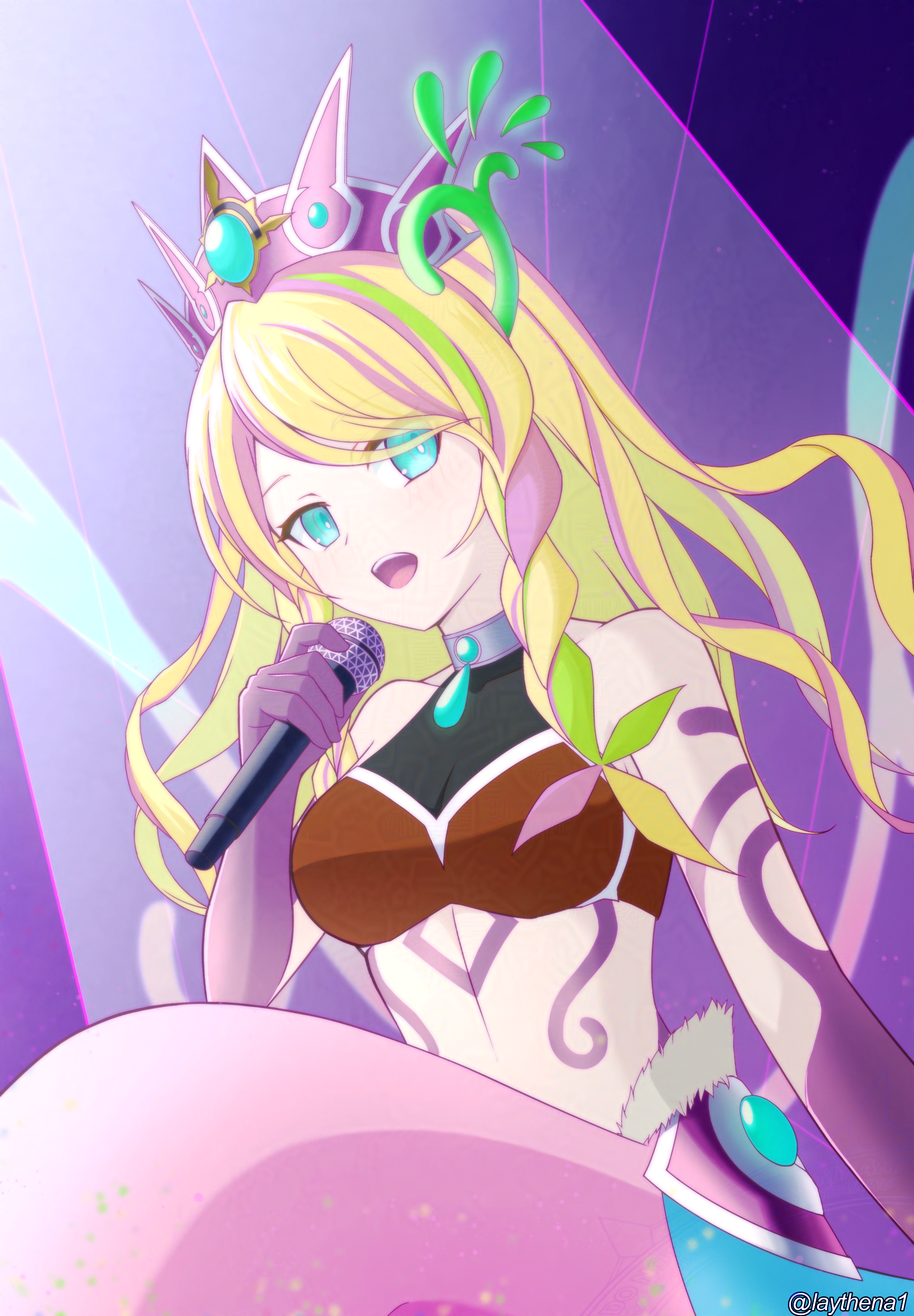 laythena, yu-gi-oh!, absurdres, commentary, english commentary, highres, mixed-language commentary, 1girl, alternate hair length, alternate hairstyle, aqua eyes, bare shoulders, blonde hair, blue skirt, body markings, braid, breasts, colored extremities, covered collarbone, duel monster, green hair, holding, holding microphone, light particles, long hair, looking at viewer, medium breasts, mermaid, microphone, midriff, monster girl, multicolored hair, music, open mouth, purple hair, purple hands, reeshaddoll wendikurhu, side braids, sidelocks, singing, sitting, skirt, solo, spotlight, teeth, tiara, twitter username, upper teeth only