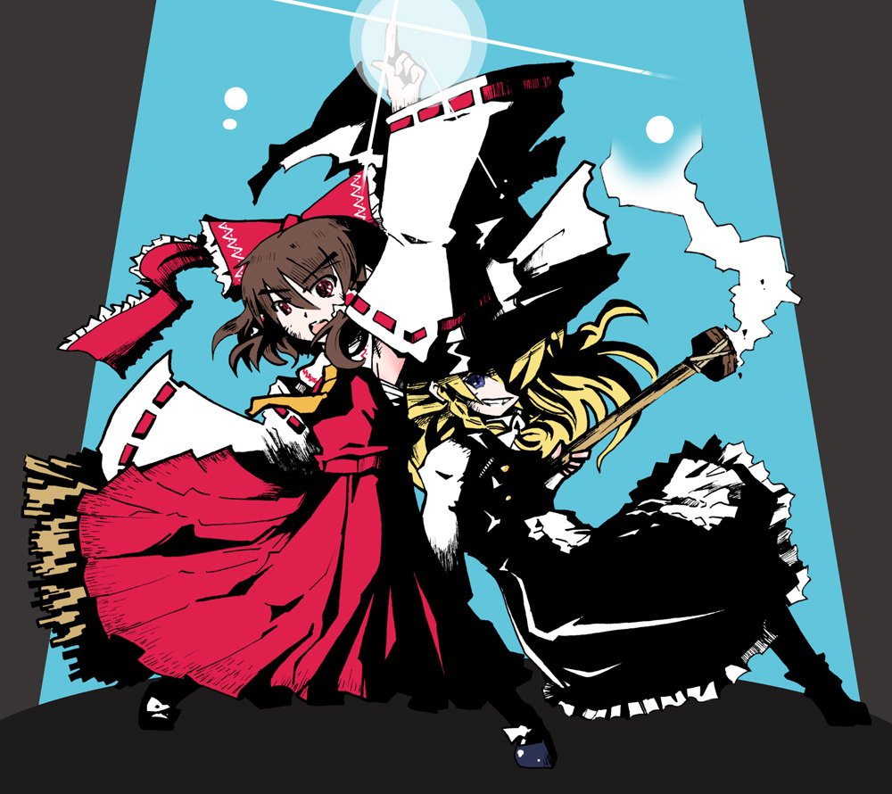 naik, hakurei reimu, kirisame marisa, tengen toppa gurren lagann, touhou, 2girls, blonde hair, bow, braid, broom, brown hair, detached sleeves, female focus, hair bow, hat, japanese clothes, kamina pose, lens flare, miko, mini-hakkero, multiple girls, parody, pointing, pointing up, purple eyes, red eyes, ribbon, short hair, witch, witch hat