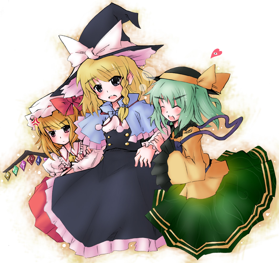 naik, flandre scarlet, kirisame marisa, komeiji koishi, touhou, 3girls, angry, blonde hair, female focus, green hair, hat, heart, long hair, multiple girls, ponytail, purple eyes, red eyes, ribbon, short hair, wings