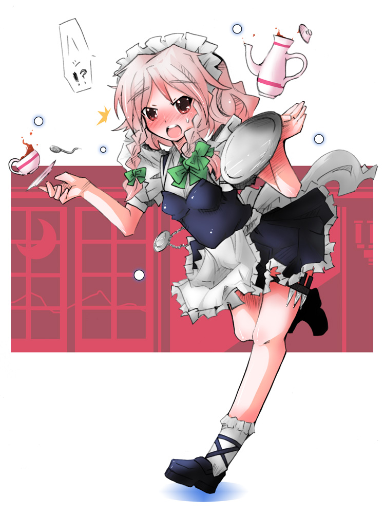 naik, izayoi sakuya, touhou, 1girl, apron, blush, braid, cup, female focus, full body, knife, maid, maid apron, maid headdress, pink hair, pocket watch, red eyes, ribbon, short hair, solo, spoon, tea, teacup, teapot, twin braids, watch, white background