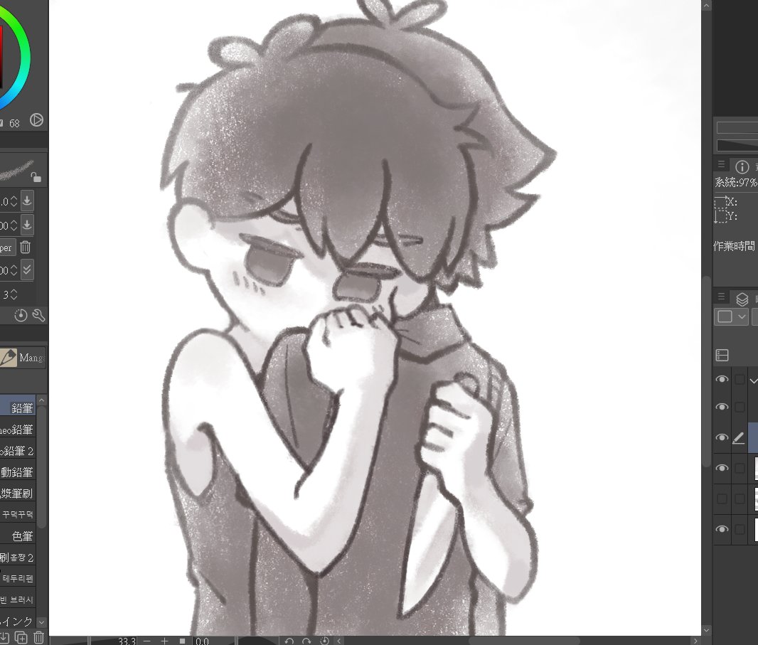 thatbirdcanfly, omori (omori), stranger (omori), omori, chinese commentary, commentary request, unfinished, 2boys, antenna hair, art program in frame, black eyes, black hair, black shirt, black skin, black sweater vest, black tank top, collared shirt, colored skin, double-parted bangs, hair between eyes, holding, holding knife, hug, knife, looking at viewer, male focus, multiple boys, shirt, short hair, short sleeves, simple background, sweater vest, tank top, white background, white skin, yaoi