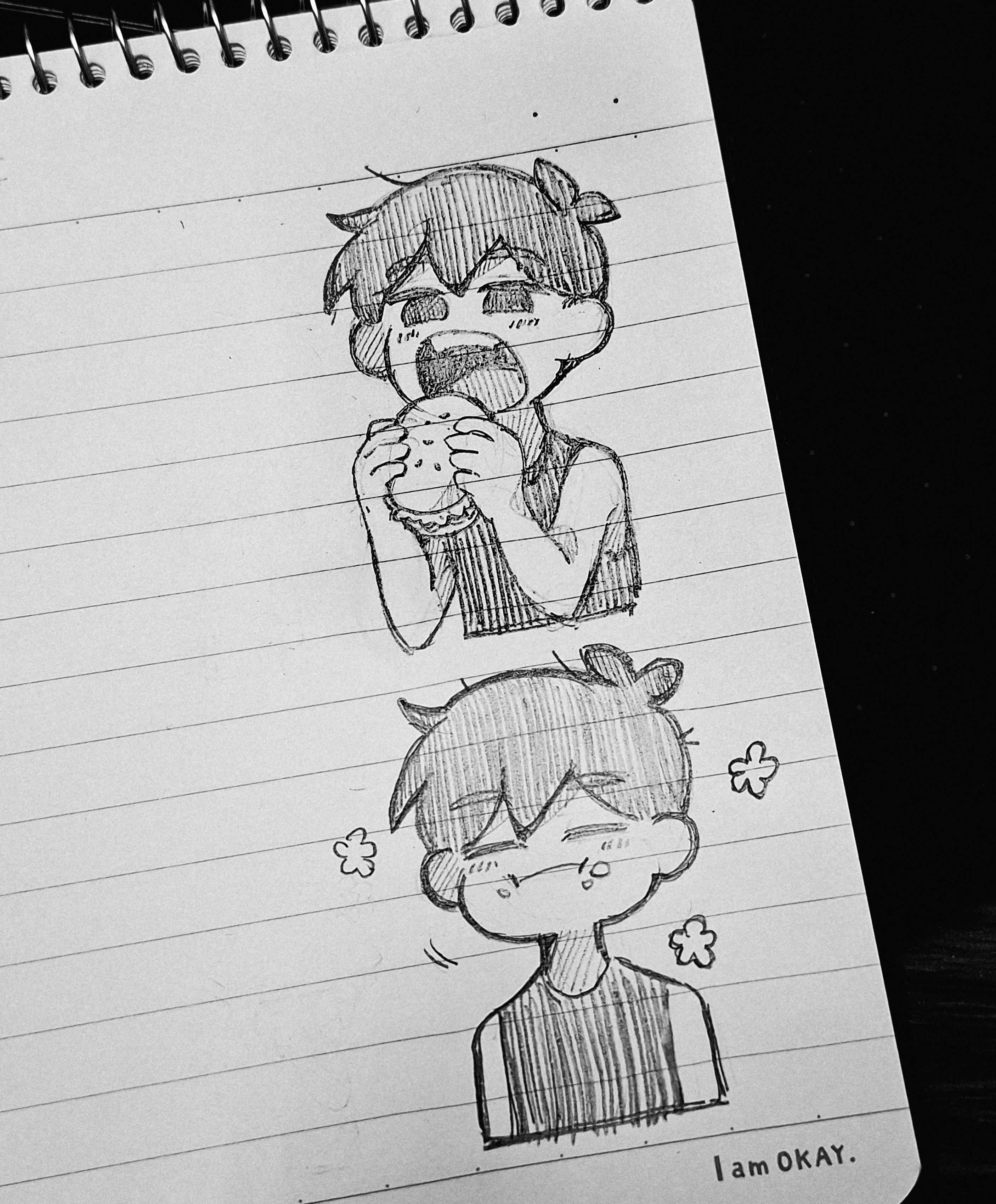 thatbirdcanfly, omori (omori), omori, absurdres, chinese commentary, commentary request, highres, traditional media, 1boy, antenna hair, burger, closed eyes, closed mouth, double-parted bangs, eating, english text, food, food on face, greyscale, hair between eyes, holding, holding burger, holding food, male focus, monochrome, open mouth, short hair, solo, tank top, teeth, tongue, upper teeth only