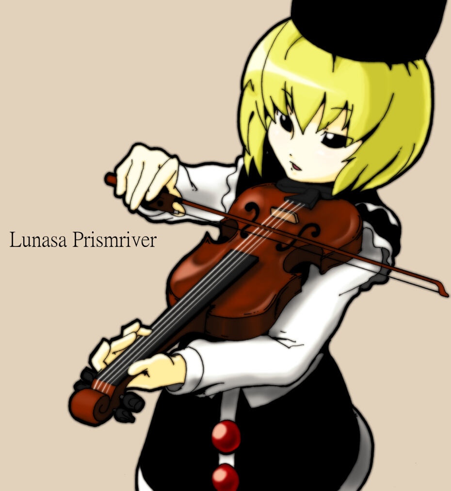 gumdrop, lunasa prismriver, touhou, 1girl, blonde hair, character name, female focus, hat, instrument, simple background, solo, violin