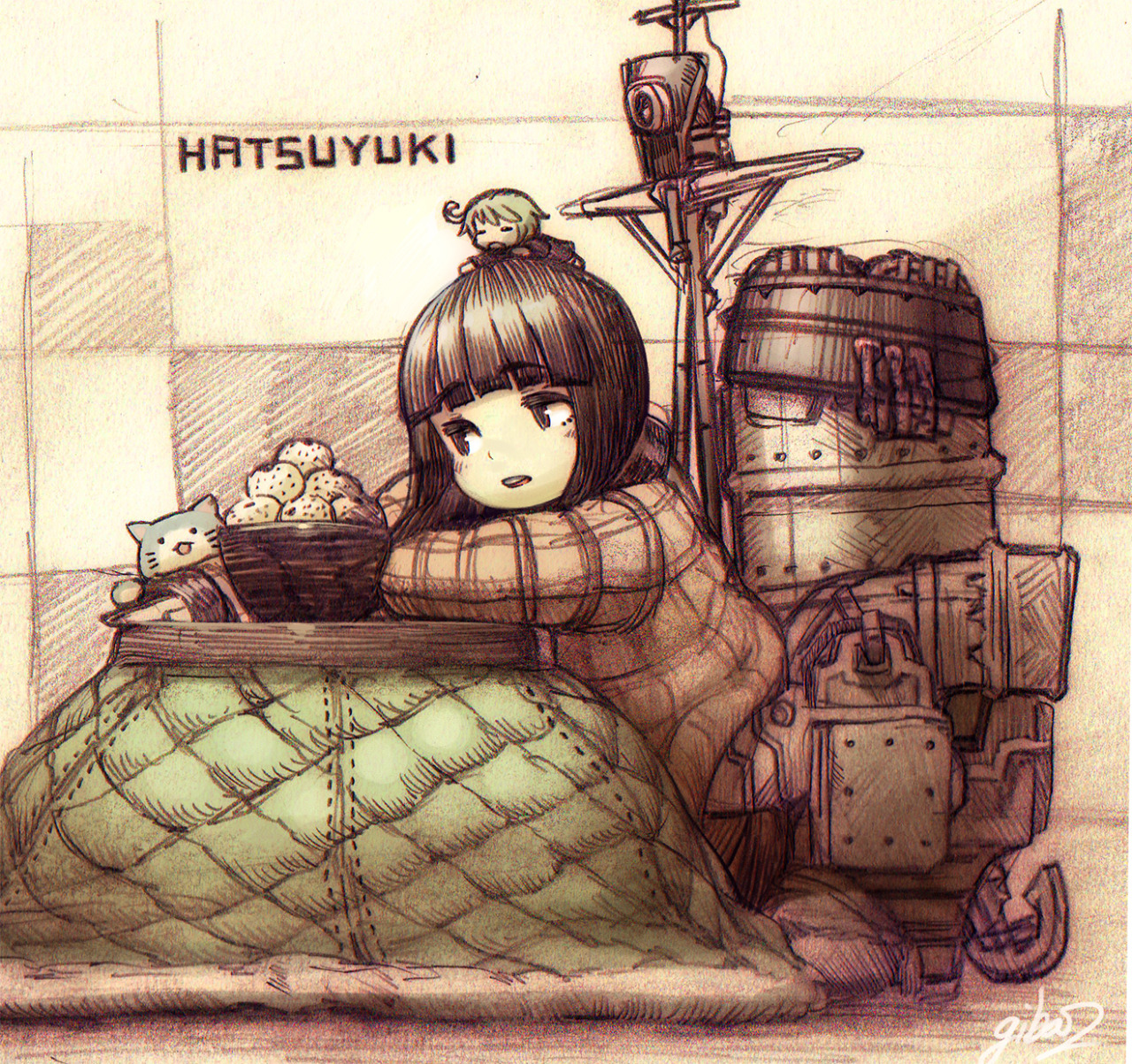 gibagiba, fairy (kancolle), hatsuyuki (kancolle), kantai collection, highres, 2girls, animal, black hair, blunt bangs, bowl, cat, character name, closed eyes, food, green hair, grid background, kotatsu, long sleeves, multiple girls, on head, open mouth, rigging, signature, simple background, sitting, solid circle eyes, table