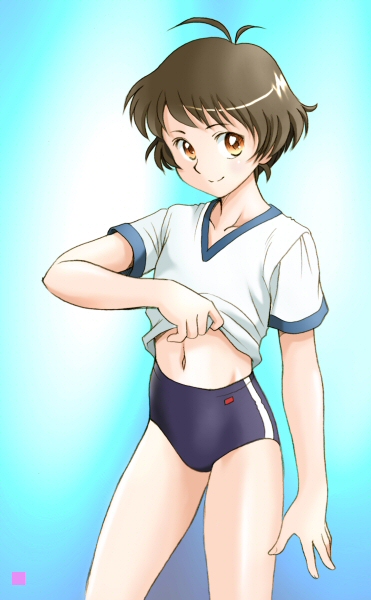 ebi-rom, akizuki ryo, idolmaster, idolmaster dearly stars, 00s, 1boy, antenna hair, brown eyes, brown hair, buruma, clothes lift, crossdressing, crossdressing (mtf), flat chest, gym uniform, male focus, midriff, shirt lift, short hair, smile, solo, trap