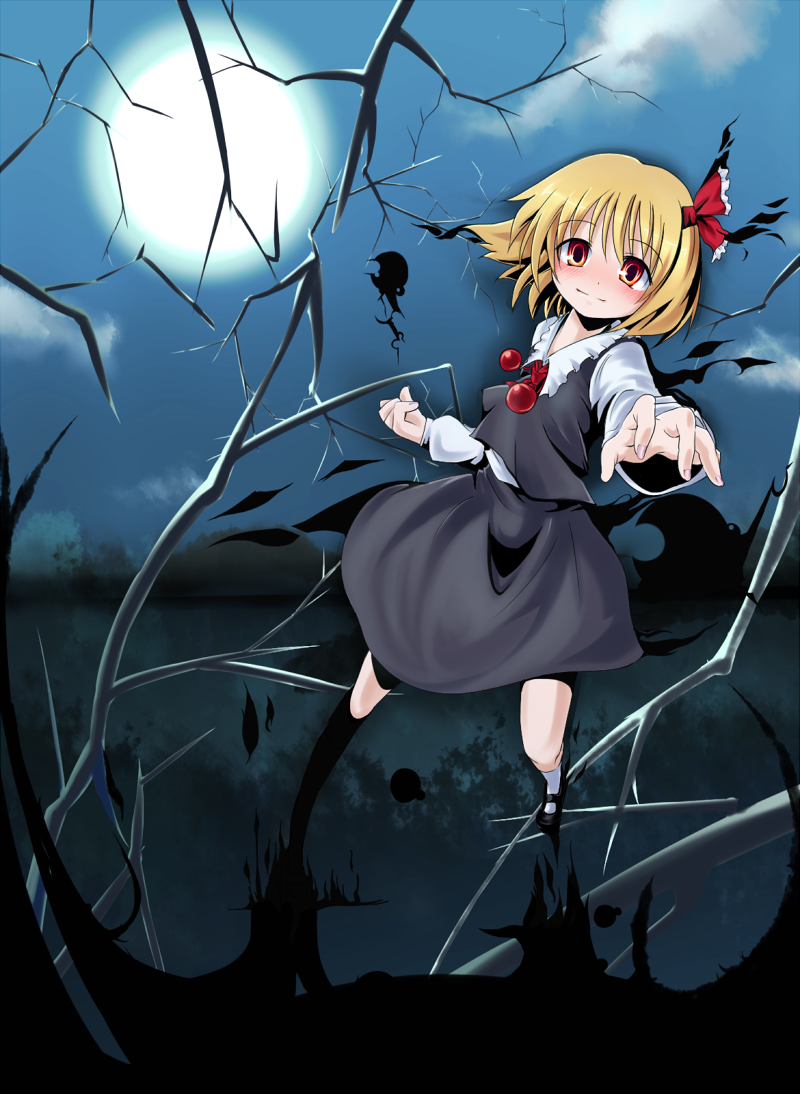 amagase lyle, rairu, rumia, embodiment of scarlet devil, touhou, 1girl, blonde hair, blush, darkness, female focus, hair ribbon, moon, red eyes, ribbon, short hair, sky, solo, star (sky), starry sky