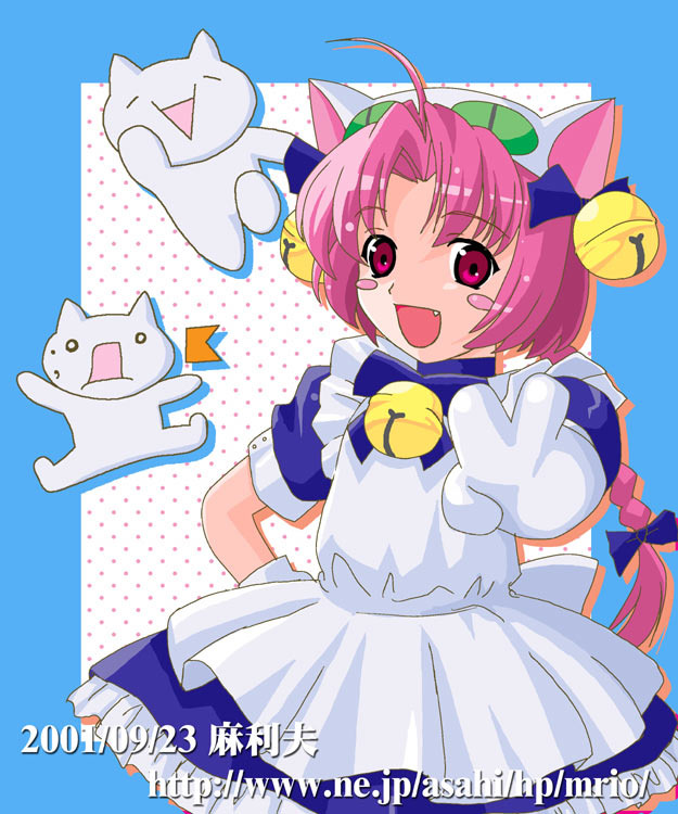 mario (mario portal), dejiko, mona (2ch), nakahara komugi, di gi charat, nurse witch komugi-chan, 1girl, ahoge, animal ears, bell, blush, braid, cat ears, cosplay, dejiko (cosplay), dress, fang, frills, gloves, happy, jingle bell, pink eyes, pink hair, ribbon, single braid, v, watermark