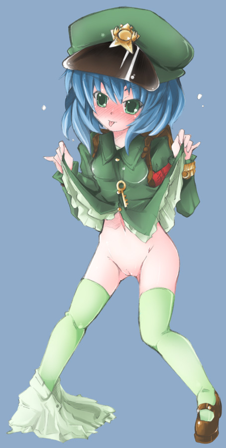 naik, green dam, kawashiro nitori, os-tan, touhou, 1girl, :p, armband, backpack, bag, blue hair, blush, bottomless, clothes lift, female focus, green eyes, hat, key, loli, no panties, personification, pussy, randoseru, shirt lift, skirt, solo, thighhighs, tongue, tongue out