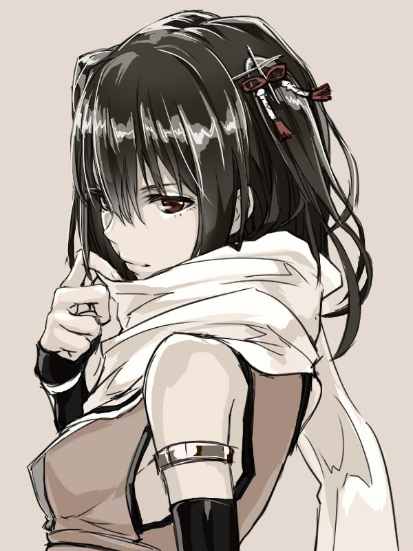 essual (layer world), sendai (kancolle), sendai kai ni (kancolle), kantai collection, commentary request, 1girl, black hair, breasts, brown eyes, closed mouth, from side, hair between eyes, hair ornament, looking at viewer, medium breasts, muted color, sailor collar, scarf, simple background, sleeveless, solo, upper body, white scarf