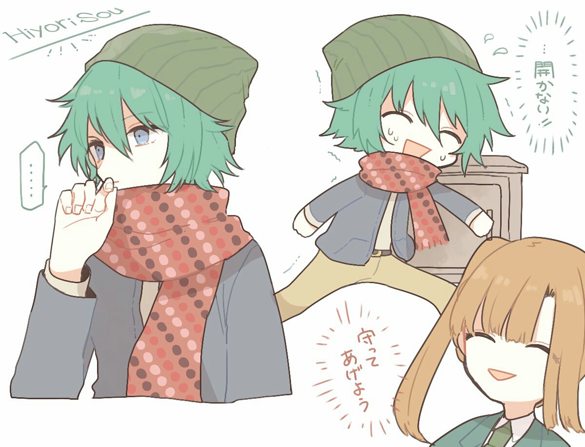 chidouin sara, hiyori sou, kimi ga shine, highres, !, …, 1boy, 1girl, :d, ^ ^, arm at side, asymmetrical bangs, beanie, beige pants, belt, belt buckle, black belt, blazer, blue eyes, blue jacket, blunt bangs, box, braid, brown shirt, buckle, capri pants, casual, character name, chibi, chibi inset, closed eyes, closed mouth, collared shirt, covered mouth, cropped legs, cropped torso, facing viewer, fingernails, flying sweatdrops, green hair, green hat, green necktie, hair between eyes, hand to own mouth, hand up, hat, high ponytail, jacket, lapels, long hair, long sleeves, looking at another, looking to the side, multiple views, necktie, nervous, nervous smile, nervous sweating, open clothes, open jacket, open mouth, orange hair, pants, polka dot, polka dot scarf, ponytail, red scarf, safe (container), scarf, school uniform, shirt, short hair, side ponytail, sidelocks, simple background, smile, speech bubble, spoken ellipsis, sweat, sweatdrop, thinking, trembling, unmoving pattern, upper body, white background, white shirt