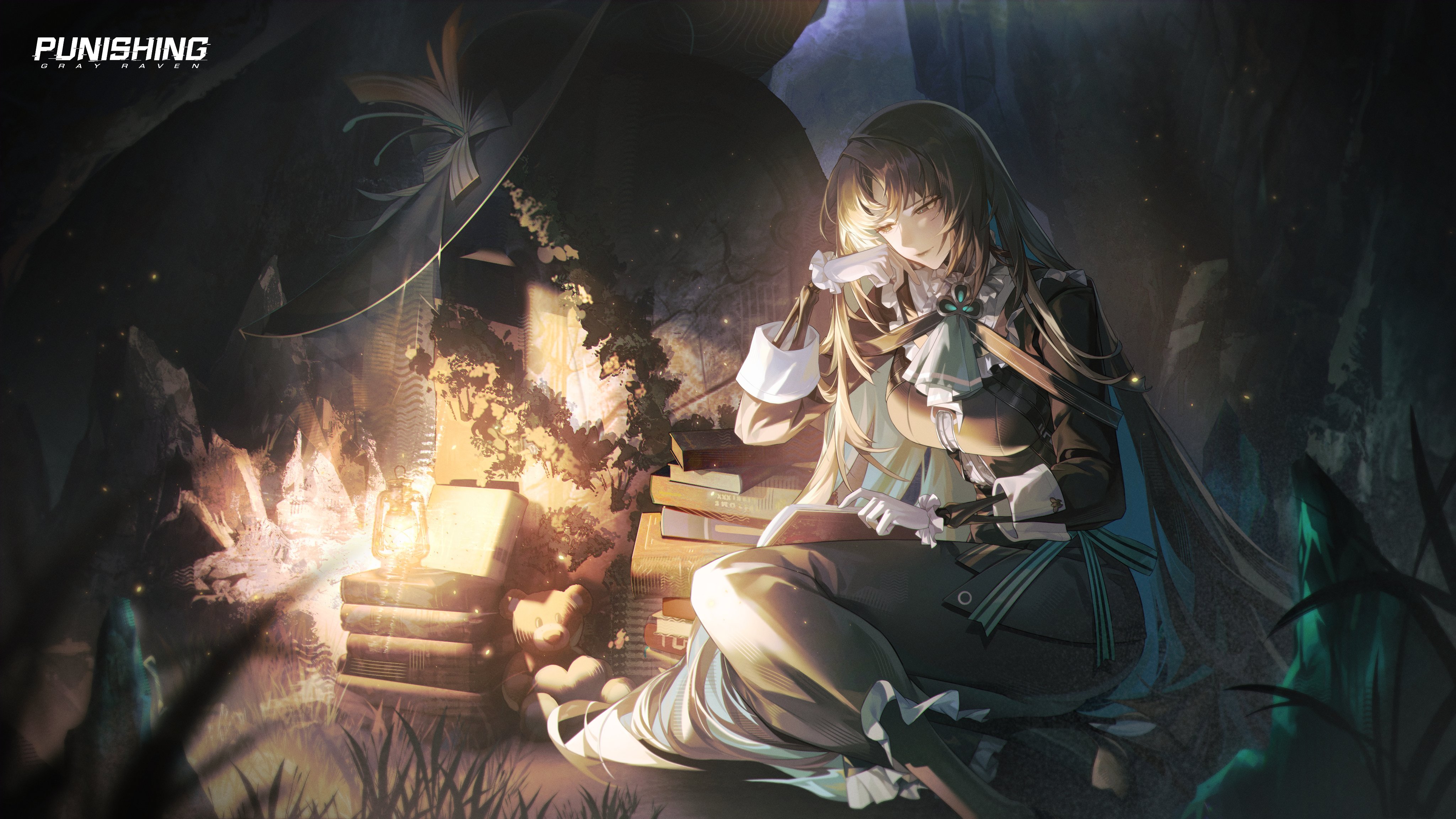 punishing: gray raven, absurdres, commentary, english commentary, highres, official art, 1girl, arm up, ascot, black eyes, black lips, black pants, black suit, blonde hair, book, book stack, breasts, collar, colored inner hair, copyright name, dress, formal clothes, frilled collar, frilled gloves, frilled pants, frills, gloves, green ascot, green hair, lamp, large breasts, long hair, long sleeves, looking at object, melinoe (pgr), multicolored hair, pants, reading, sitting, skeletal arm, sleeve cuffs, solo, stuffed animal, stuffed toy, suit, teddy bear, very long hair, white gloves