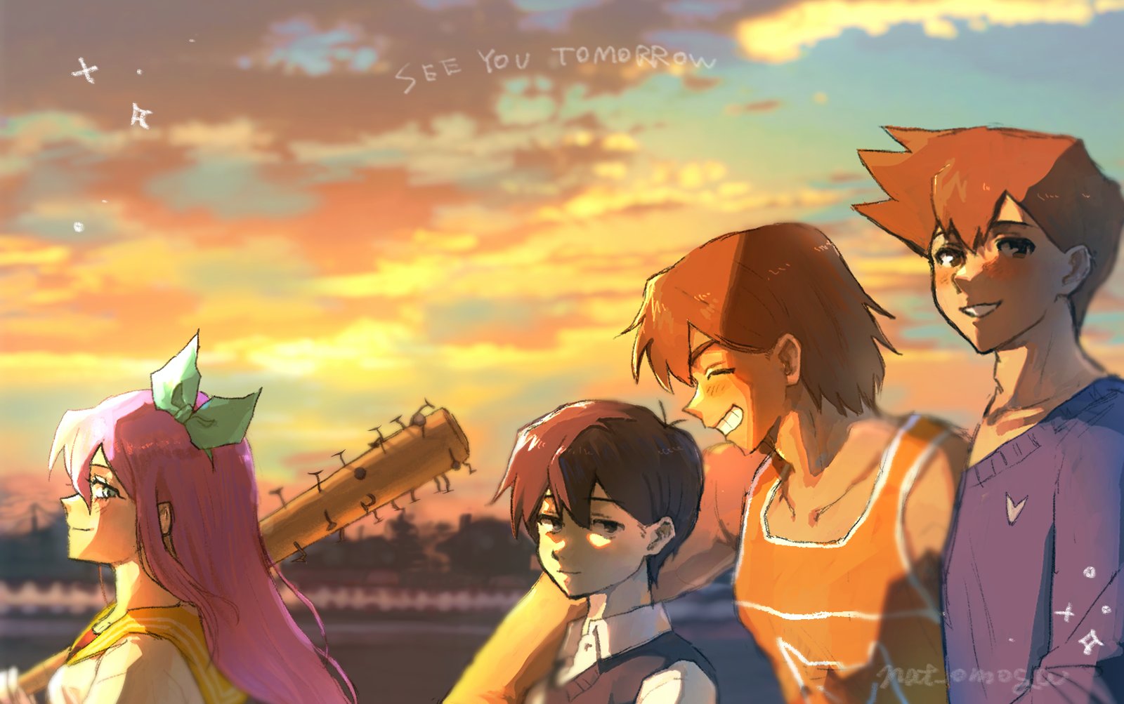 nat omogu, aubrey (faraway) (omori), aubrey (omori), hero (faraway) (omori), hero (omori), kel (faraway) (omori), kel (omori), sunny (omori), omori, commentary, highres, symbol-only commentary, 1girl, 3boys, antenna hair, artist name, baseball bat, black eyes, black hair, black sweater vest, blue eyes, blue hairband, blue sky, blush, brown hair, closed eyes, closed mouth, cloud, collarbone, collared shirt, dark-skinned male, dark skin, double-parted bangs, english text, evening, grin, hair between eyes, hairband, holding, holding baseball bat, jacket, long hair, looking at another, multiple boys, nail (hardware), nail bat, outdoors, pink hair, shirt, short hair, sidelocks, sky, smile, sunset, sweater vest, teeth, twitter username, white jacket, white shirt