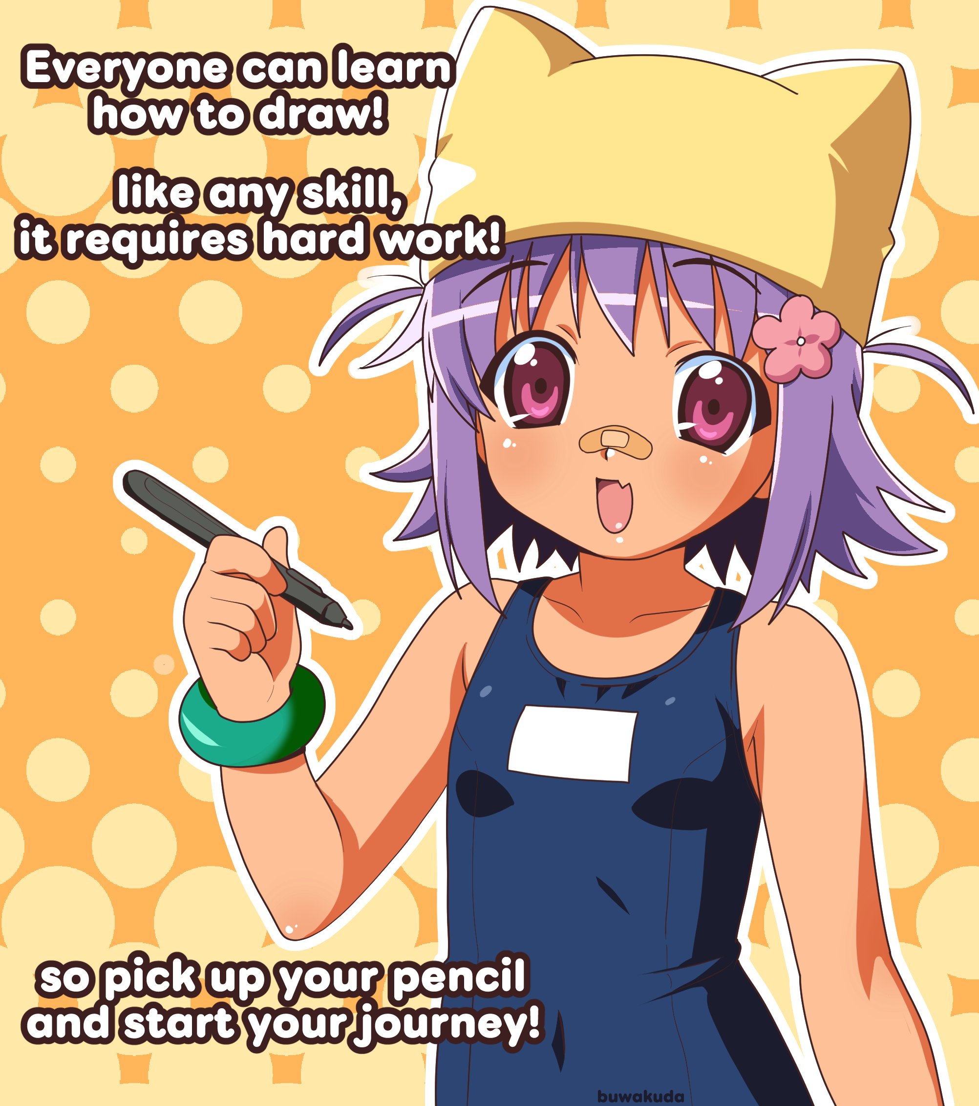 bk (barakoodra), original, highres, 1girl, 2000s (style), animal hat, bandaid, bandaid on face, breasts, cat hat, dark-skinned female, dark skin, english text, fang, faux retro artstyle, flower, hair flower, hair ornament, hat, holding, holding stylus, open mouth, pink eyes, purple hair, school swimsuit, small breasts, smile, solo, stylus, swimsuit, two side up