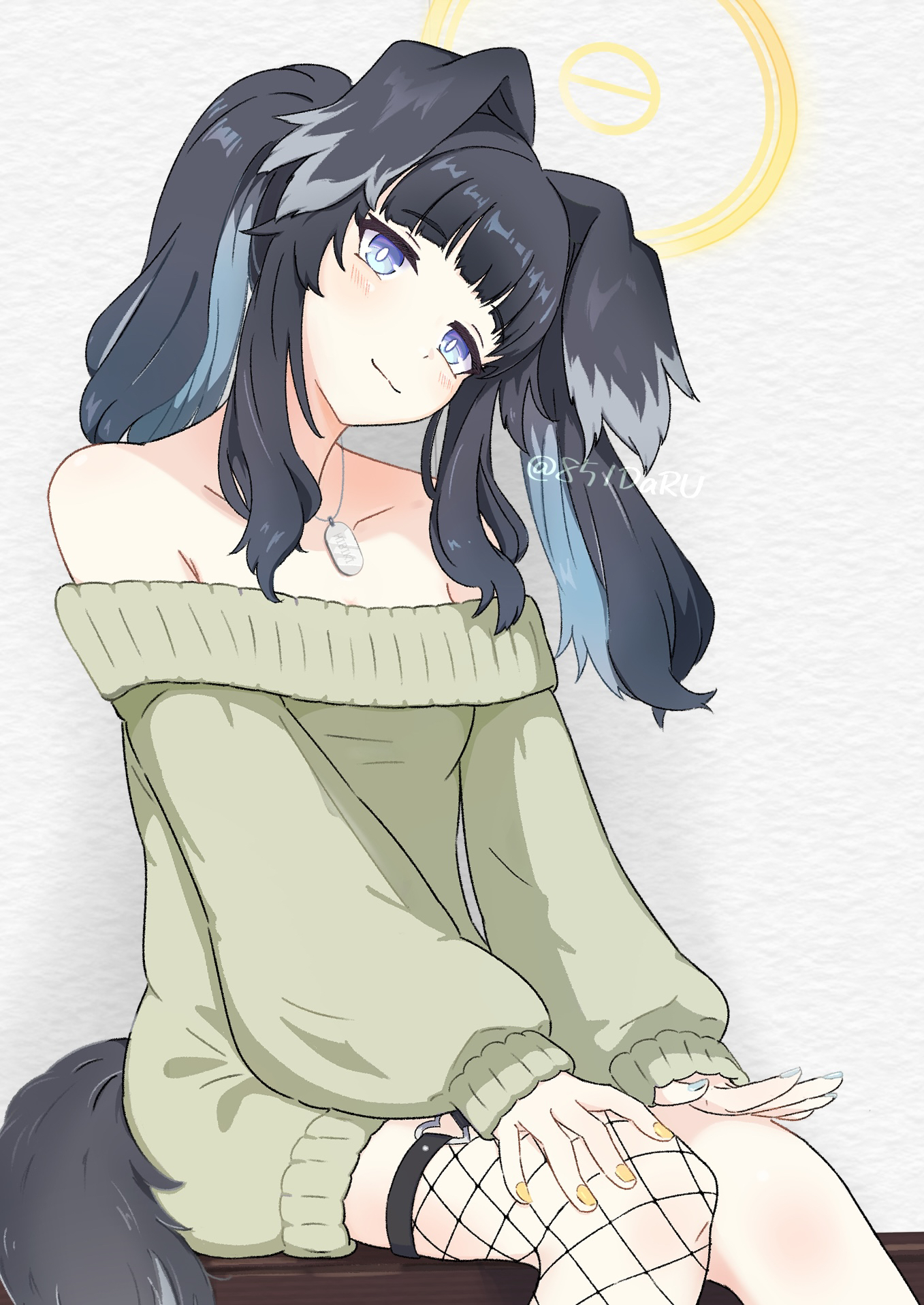 daru (851daru), hibiki (blue archive), blue archive, highres, 1girl, animal ears, black hair, blue eyes, dog ears, dog girl, engineering department (blue archive), fishnet pantyhose, fishnet thighhighs, fishnets, grey background, long hair, looking at viewer, pantyhose, simple background, solo, thighhighs, white background