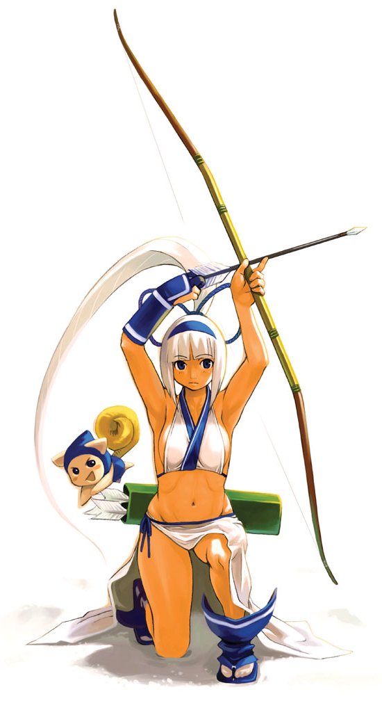 champuru, majikina mina, samurai spirits, snk, highres, 1girl, archery, armpits, arms up, arrow (projectile), bikini, blue eyes, breasts, feet, fingerless gloves, gloves, hair ribbon, kneeling, large breasts, legs, long hair, looking at viewer, navel, ribbon, sarong, smile, swimsuit, tan, thighs, white bikini, white hair