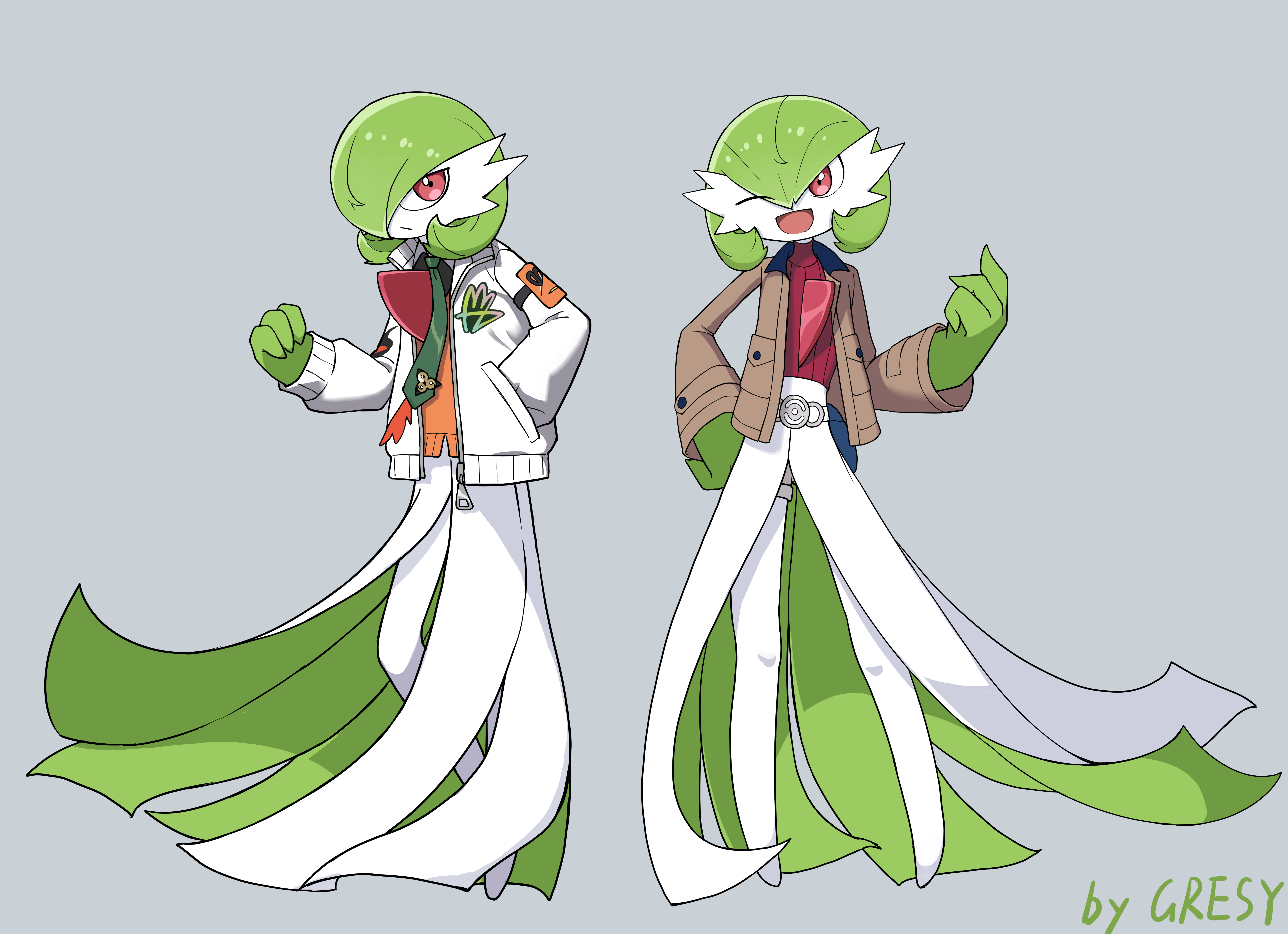 gresy, gardevoir, naveen (pokemon), taunie (pokemon), nintendo, pokemon, pokemon legends: z-a, 2girls, armband, artist name, belt, belt buckle, brown jacket, buckle, buttons, clenched hand, closed mouth, clothed pokemon, colored skin, cosplay, female focus, flat chest, full body, gen 3 pokemon, green necktie, green skin, grey background, grey shorts, hair between eyes, hair over one eye, hand in pocket, hand on own hip, hand up, happy, index finger raised, jacket, long sleeves, looking at viewer, multicolored skin, multiple girls, naveen (pokemon) (cosplay), necktie, no feet, one eye closed, one eye covered, open clothes, open jacket, open mouth, orange sweater, pocket, poke ball theme, pokemon (creature), red eyes, red shirt, ribbed shirt, shirt, short shorts, shorts, signature, simple background, smile, standing, sweater, taunie (pokemon) (cosplay), turtleneck, turtleneck shirt, two-tone skin, white jacket, white skin, wink, zipper pull tab