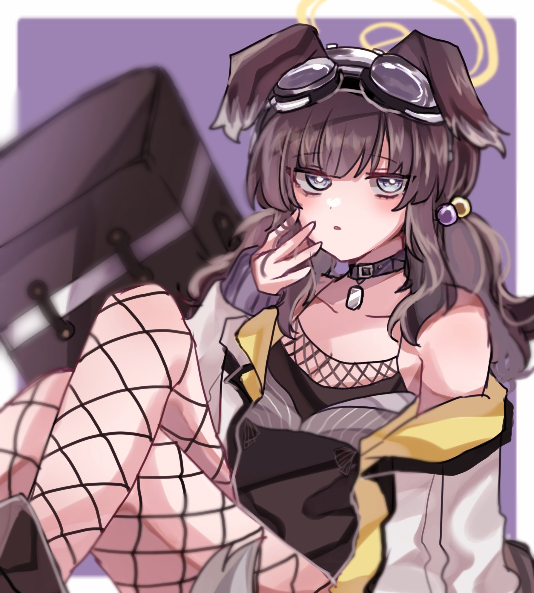 tosiosito, hibiki (blue archive), blue archive, highres, 1girl, animal ears, black hair, blue eyes, collar, dog ears, dog girl, engineering department (blue archive), goggles, goggles on head, long hair, looking at viewer, solo