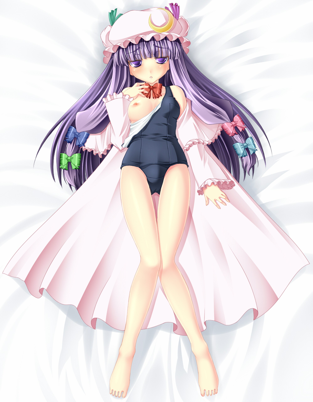 iganseijin, patchouli knowledge, touhou, highres, 1girl, barefoot, blue bow, bow, breasts, clothes pull, crescent, dress, female focus, green bow, hair bow, hat, long hair, lying, multiple hair bows, nipples, one-piece swimsuit, one-piece swimsuit pull, open clothes, pink bow, purple eyes, purple hair, school swimsuit, solo, strap slip, swimsuit, swimsuit under clothes