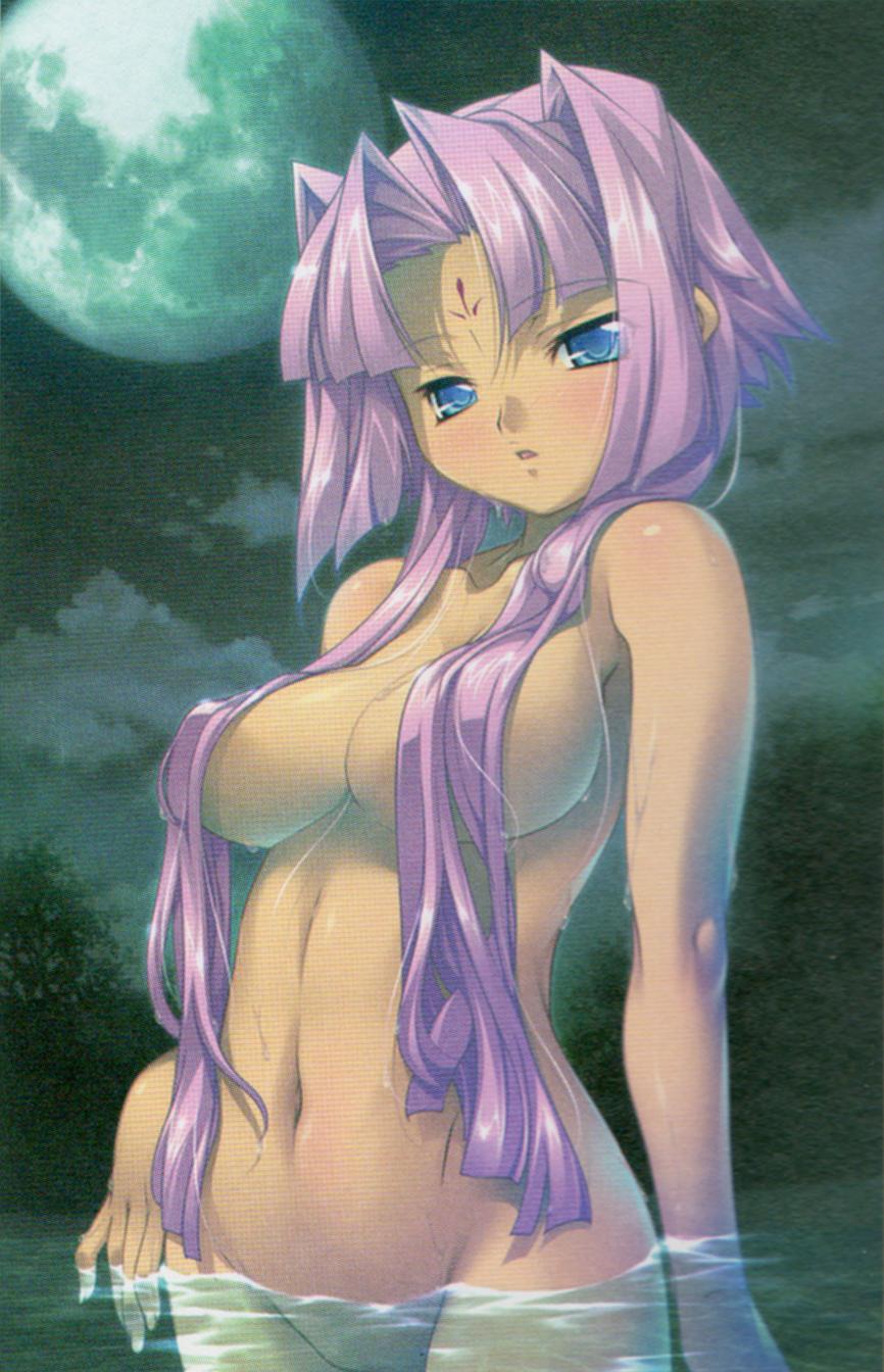 hikage eiji, sonken (koihime musou), koihime musou, highres, scan, scan artifacts, 00s, 1girl, bath, blue eyes, blush, breasts, censored, convenient censoring, dark-skinned female, dark skin, facial mark, female focus, forehead mark, groin, hair censor, hair over breasts, large breasts, long hair, moon, navel, nude, purple hair, solo, wading, water, wet