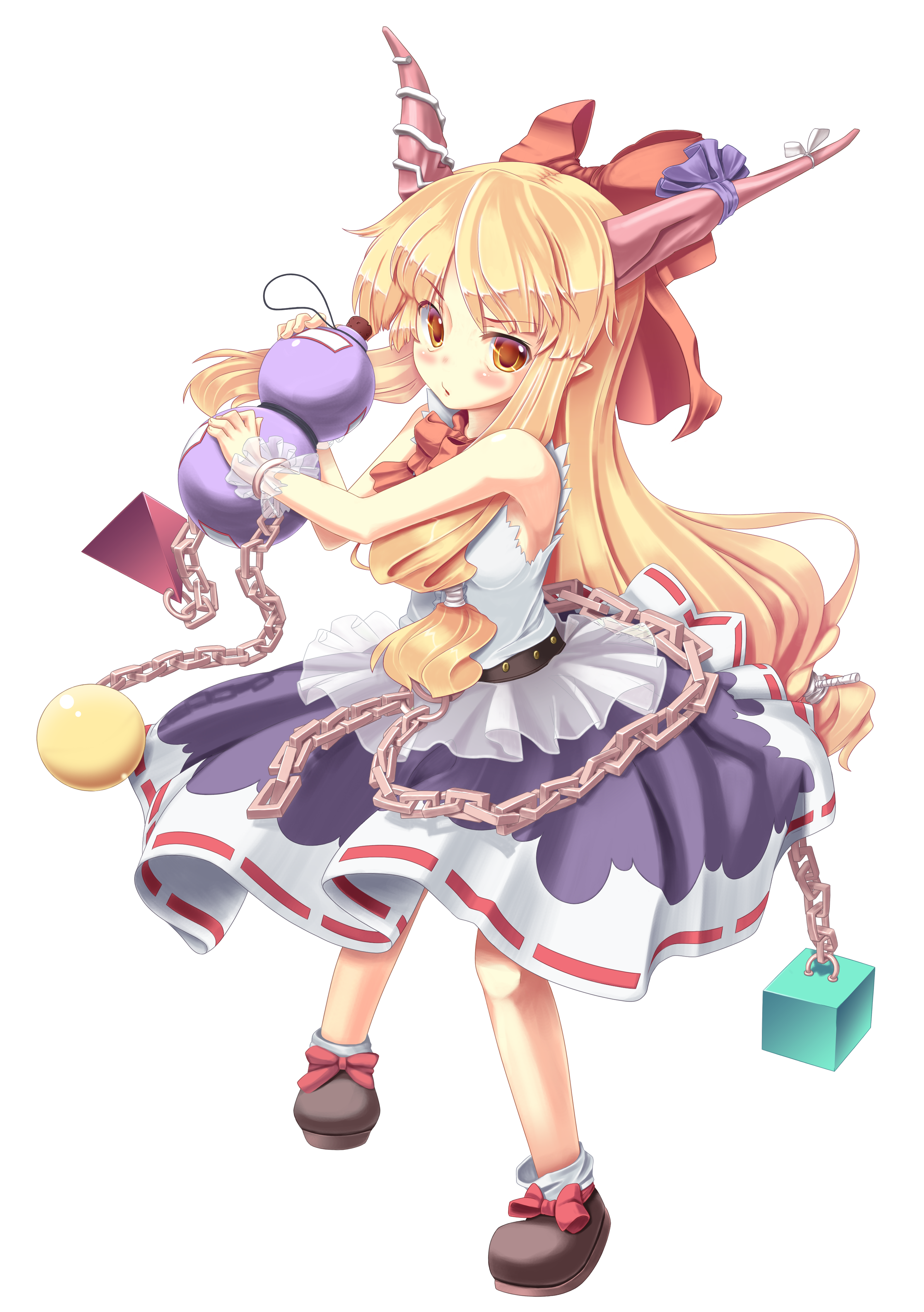 popi (pixiv), sugu maigo ninaru umumu, umumu (pilcre), vi (ena0930), ibuki suika, touhou, absurdres, bad id, bad pixiv id, colorized, highres, 1girl, blonde hair, bow, chain, female focus, gourd, hair bow, horns, long hair, pointy ears, solo, wrist cuffs, yellow eyes