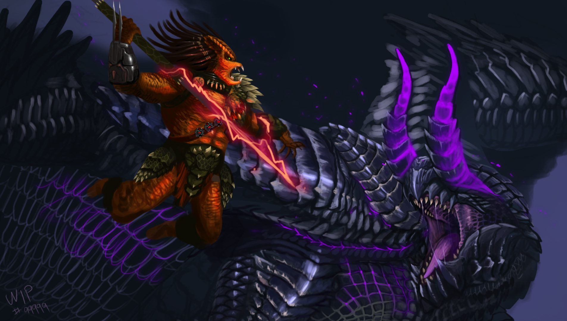 tacuyanjun, gore magala, predator (character), monster hunter (series), predator (series), highres, alien, antennae, battle, black scales, colored skin, crossover, dragon, fake horns, gauntlets, glowing veins, holding, holding polearm, holding weapon, horns, jumping, no eyes, no humans, orange skin, polearm, weapon