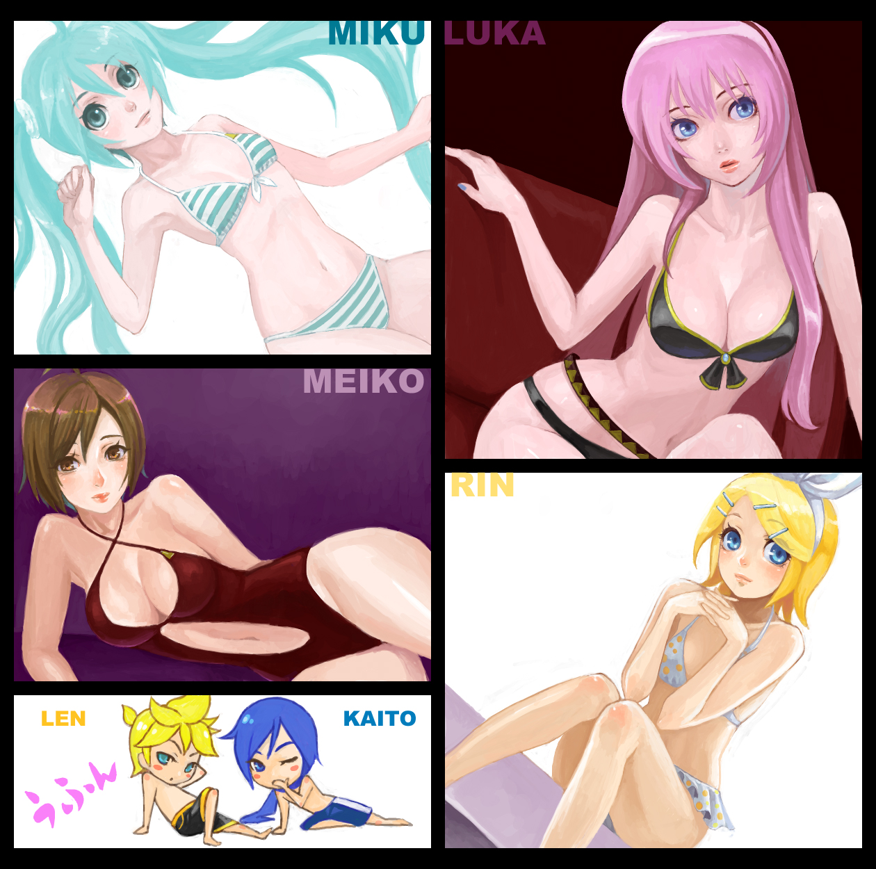 acha, hatsune miku, kagamine len, kagamine rin, kaito (vocaloid), megurine luka, meiko (vocaloid), project diva, project diva (series), vocaloid, highres, 2boys, 4girls, bikini, blonde hair, blue eyes, breasts, brown eyes, brown hair, cleavage, green eyes, green hair, large breasts, long hair, medium breasts, multiple boys, multiple girls, pink hair, short hair, shorts, striped bikini, striped clothes, swimsuit, twintails