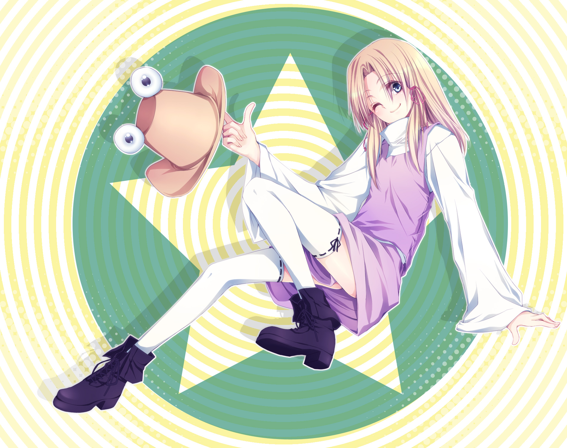 mikazuki sara, shiren, shiren (monochrome structure), moriya suwako, touhou, bad id, bad pixiv id, colorized, highres, 1girl, blonde hair, blue eyes, boots, female focus, hat, one eye closed, short hair, smile, solo, thighhighs, unworn hat, unworn headwear, wink