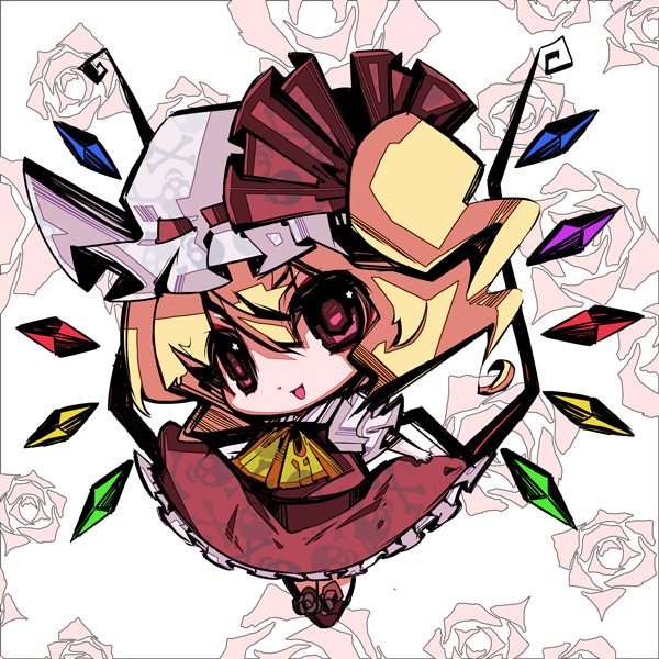 tetsubuta, flandre scarlet, embodiment of scarlet devil, touhou, bad id, bad pixiv id, 1girl, blonde hair, bow, chibi, dress, female focus, hat, one side up, red eyes, ribbon, short hair, side ponytail, solo