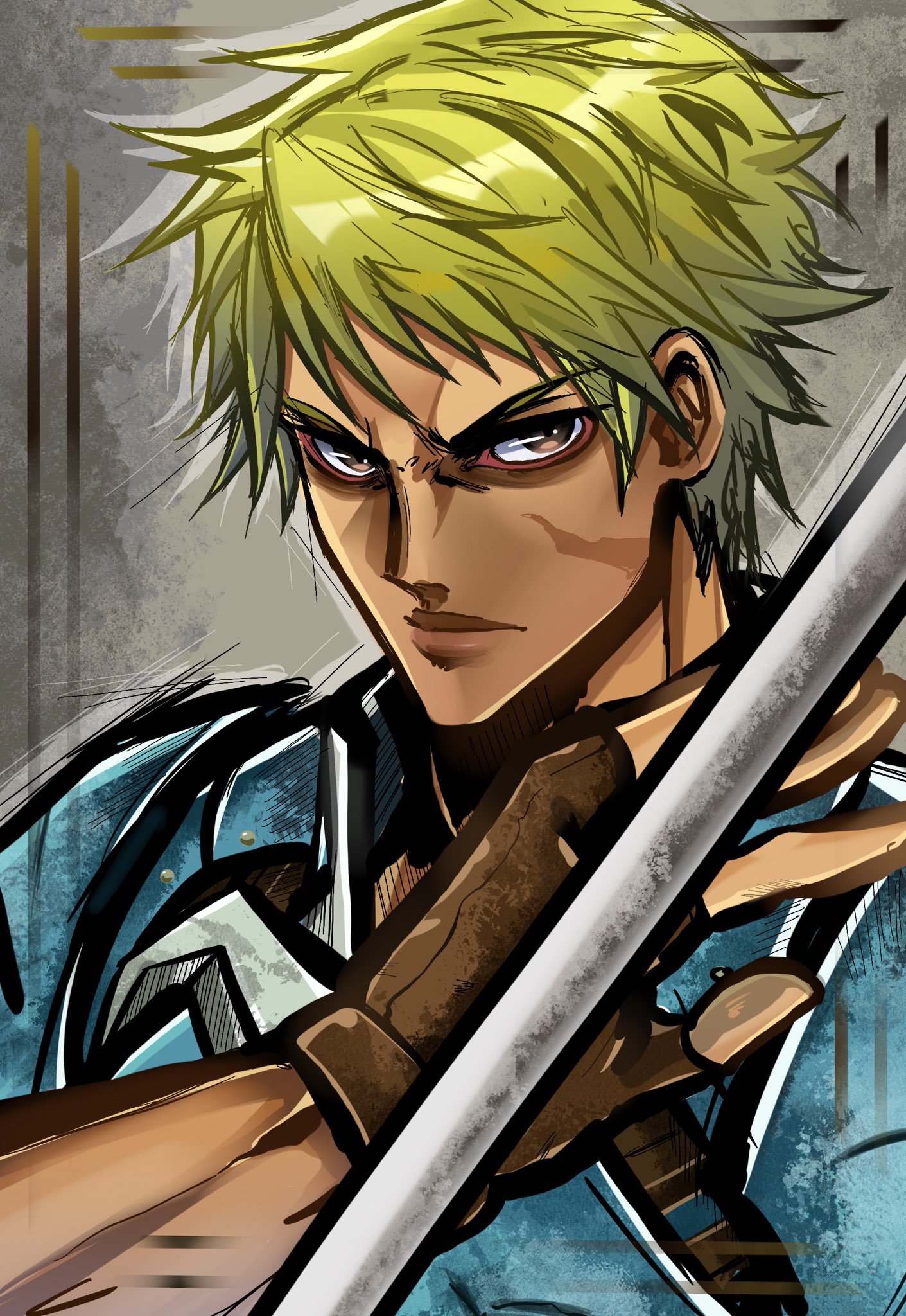 zantetsukennn, cormag (fire emblem), fire emblem, fire emblem: the sacred stones, nintendo, highres, 1boy, armor, blonde hair, blue armor, brown eyes, fingerless gloves, gloves, holding, holding polearm, holding weapon, male focus, polearm, scar, scar on face, short hair, weapon