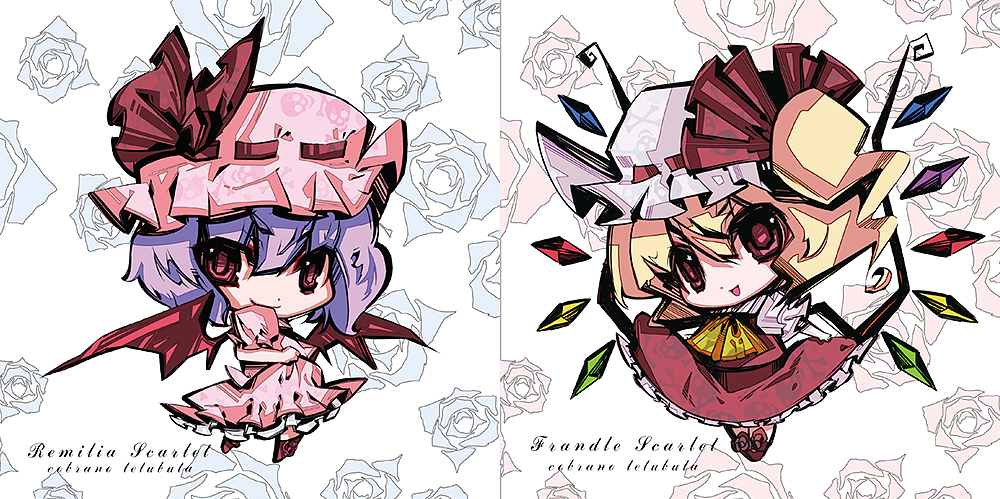 tetsubuta, flandre scarlet, remilia scarlet, touhou, bad id, bad pixiv id, 2girls, bat wings, blonde hair, bow, chibi, dress, female focus, hat, multiple girls, one side up, purple hair, red eyes, ribbon, short hair, siblings, side ponytail, sisters, wings