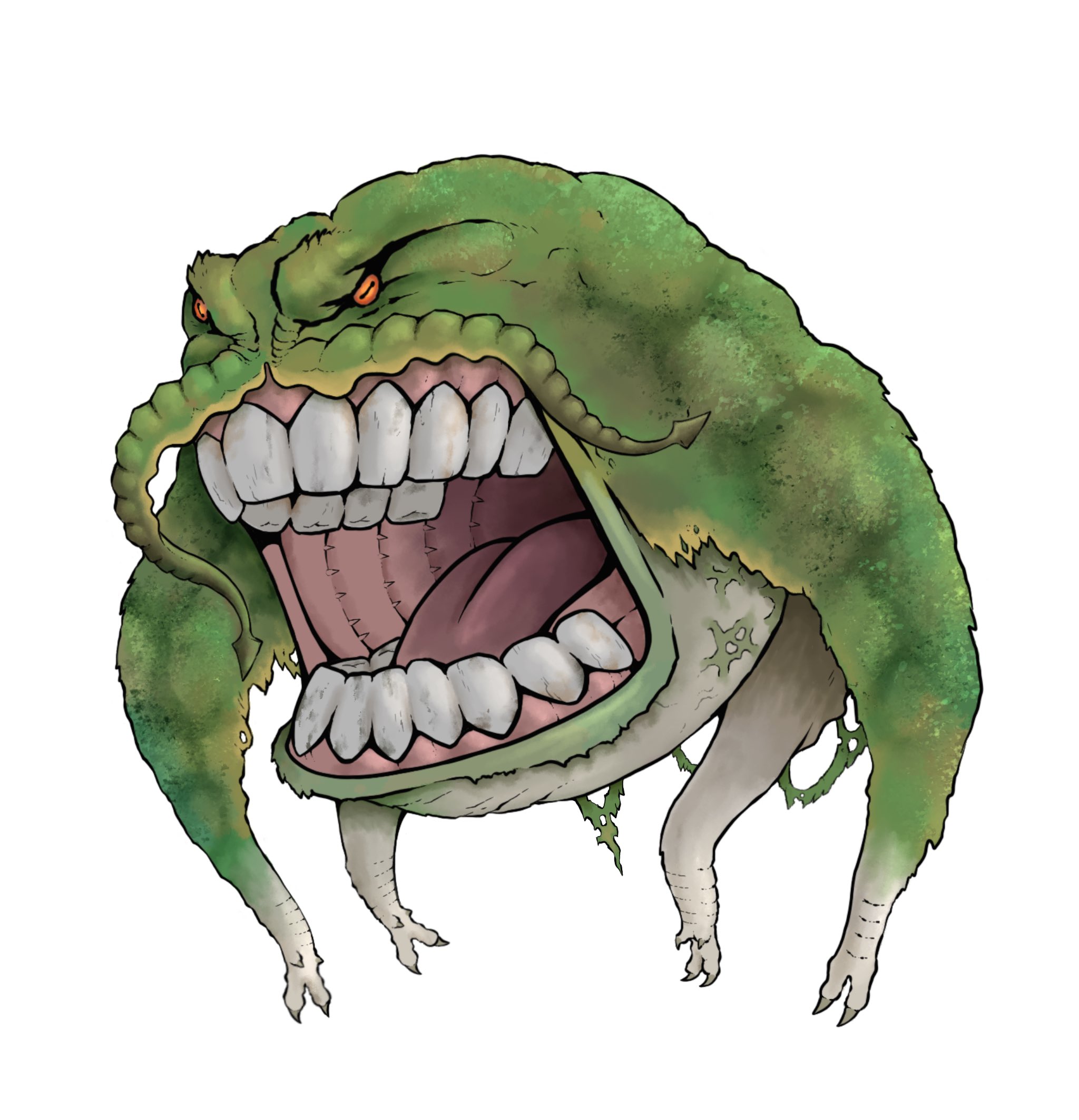 yama tsukami, monster hunter (series), monster hunter 2, commentary, english commentary, highres, dragon, let's fucking go (meme), meme, monster, moss, no humans, octopus, open mouth, orange eyes, plasma lizard, tentacles