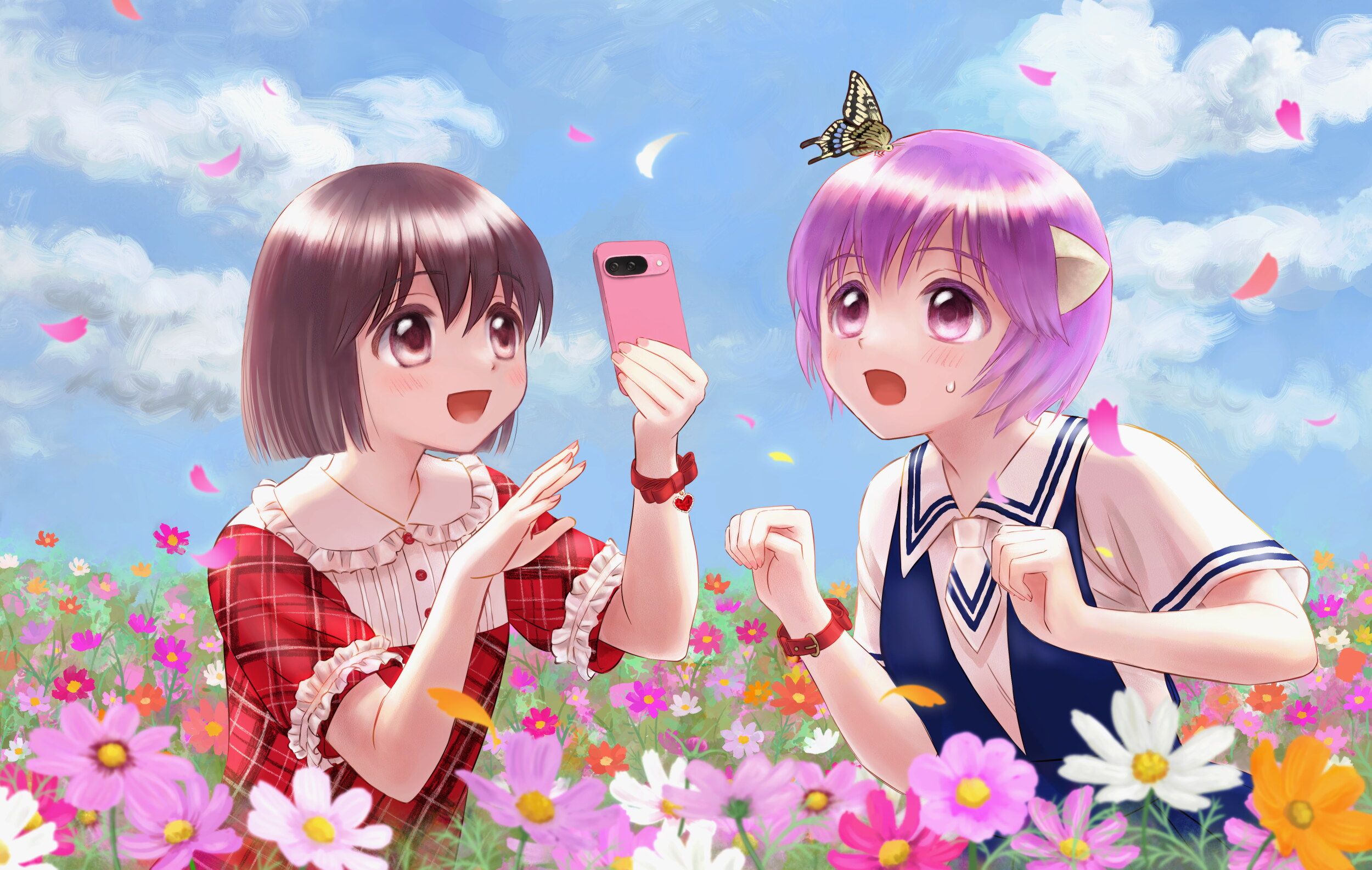 mayu (elfen lied), nana (elfen lied), elfen lied, commission, highres, skeb commission, 2girls, blue sky, blush, brown hair, bug, butterfly, butterfly on head, buttons, cellphone, cloud, cosmos (flower), day, dress, fingernails, flower, horns, insect, multiple girls, open mouth, outdoors, petals, phone, pink flower, purple eyes, purple hair, red dress, short hair, sky, smartphone, yutaka dao