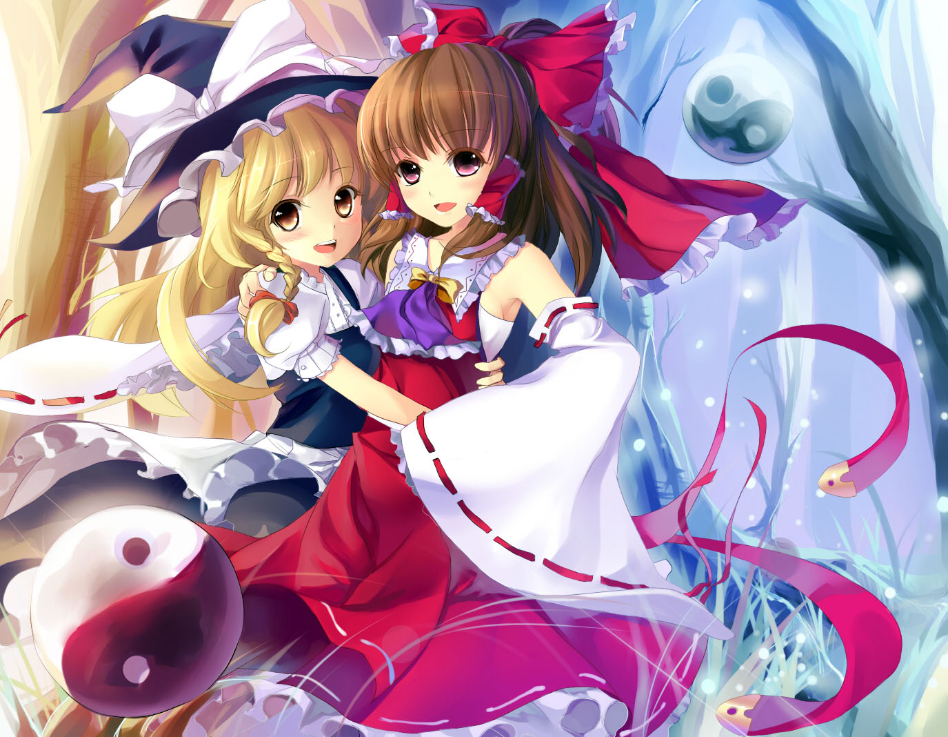 sheska xue, hakurei reimu, kirisame marisa, touhou, jpeg artifacts, 2girls, ascot, blonde hair, bow, braid, brown hair, female focus, forest, hair bow, hair tubes, hat, hug, japanese clothes, miko, multiple girls, nature, purple eyes, ribbon, side braid, wide sleeves, yellow eyes, yin yang