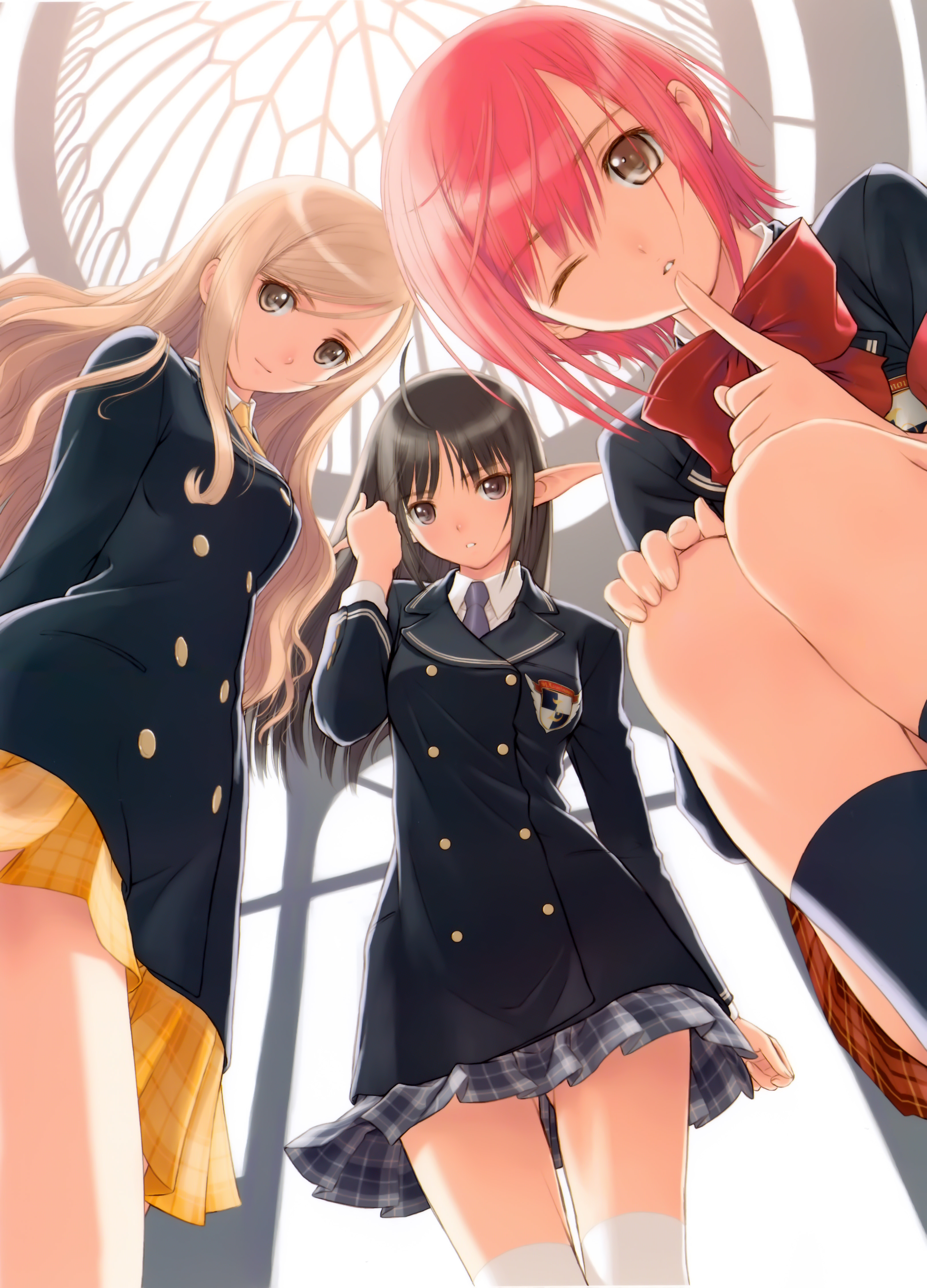 tony taka, seena kanon, touka kureha, xecty ein, sega, shining (series), shining wind, absurdres, highres, 3girls, blonde hair, brown eyes, brown hair, multiple girls, pointy ears, red hair, school uniform, wink