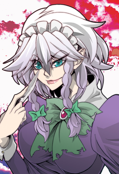 uraraku shimuni, izayoi sakuya, touhou, silver hair, 1girl, aqua eyes, braid, breasts, female focus, knife, short hair, solo, twin braids