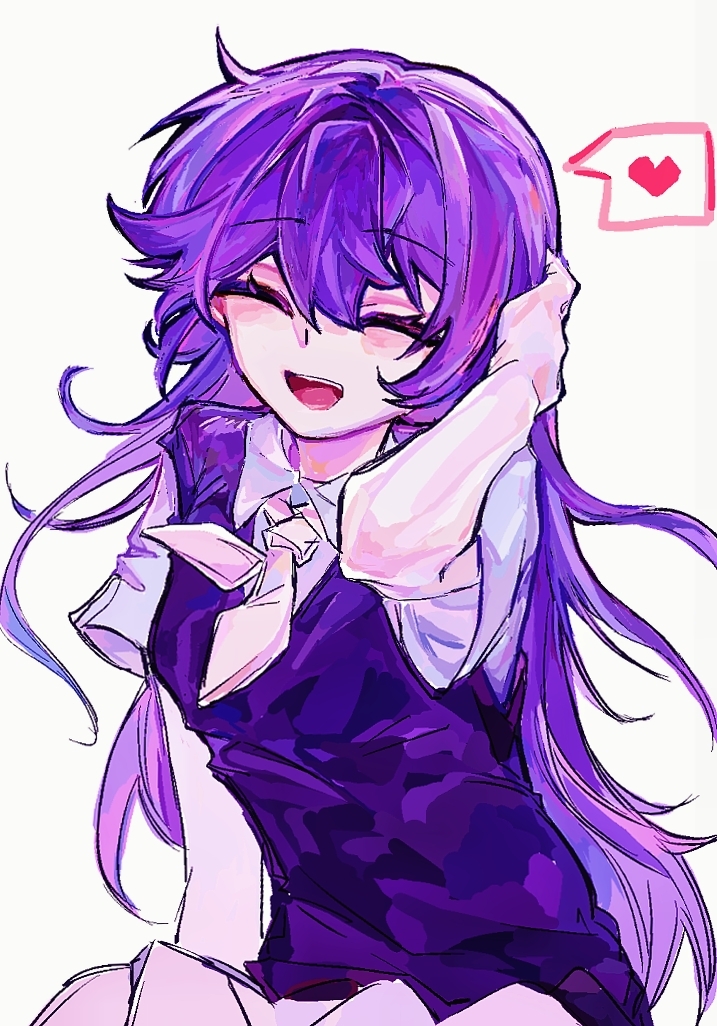 mari (headspace) (omori), mari (omori), omori, chinese commentary, commentary request, 1girl, :d, ^ ^, arm at side, arm behind head, arm up, bare arms, closed eyes, collared shirt, cowboy shot, double-parted bangs, facing viewer, grey background, hair between eyes, hair intakes, heart, long hair, mellocaa, neckerchief, open mouth, pink neckerchief, pleated skirt, purple hair, purple sweater vest, shirt, short sleeves, sidelocks, simple background, sitting, skirt, smile, solo, spoken heart, sweater vest, teeth, tongue, upper teeth only, very long hair, white shirt