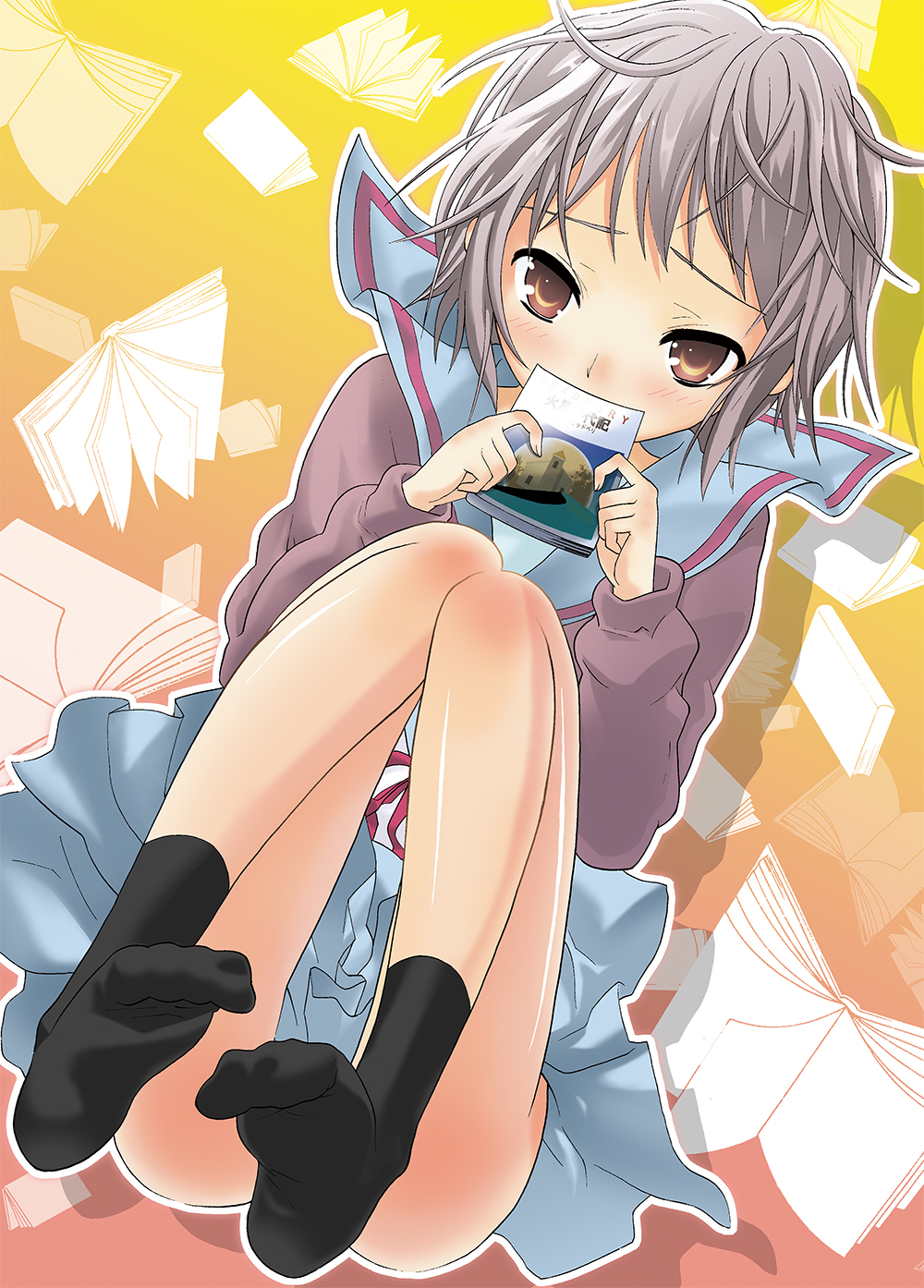 tsukimi sou, nagato yuki, suzumiya haruhi no yuuutsu, bad id, bad pixiv id, highres, 00s, book, brown eyes, cardigan, censored, convenient censoring, convenient leg, grey hair, school uniform, serafuku, short hair, socks, solo, toe scrunch