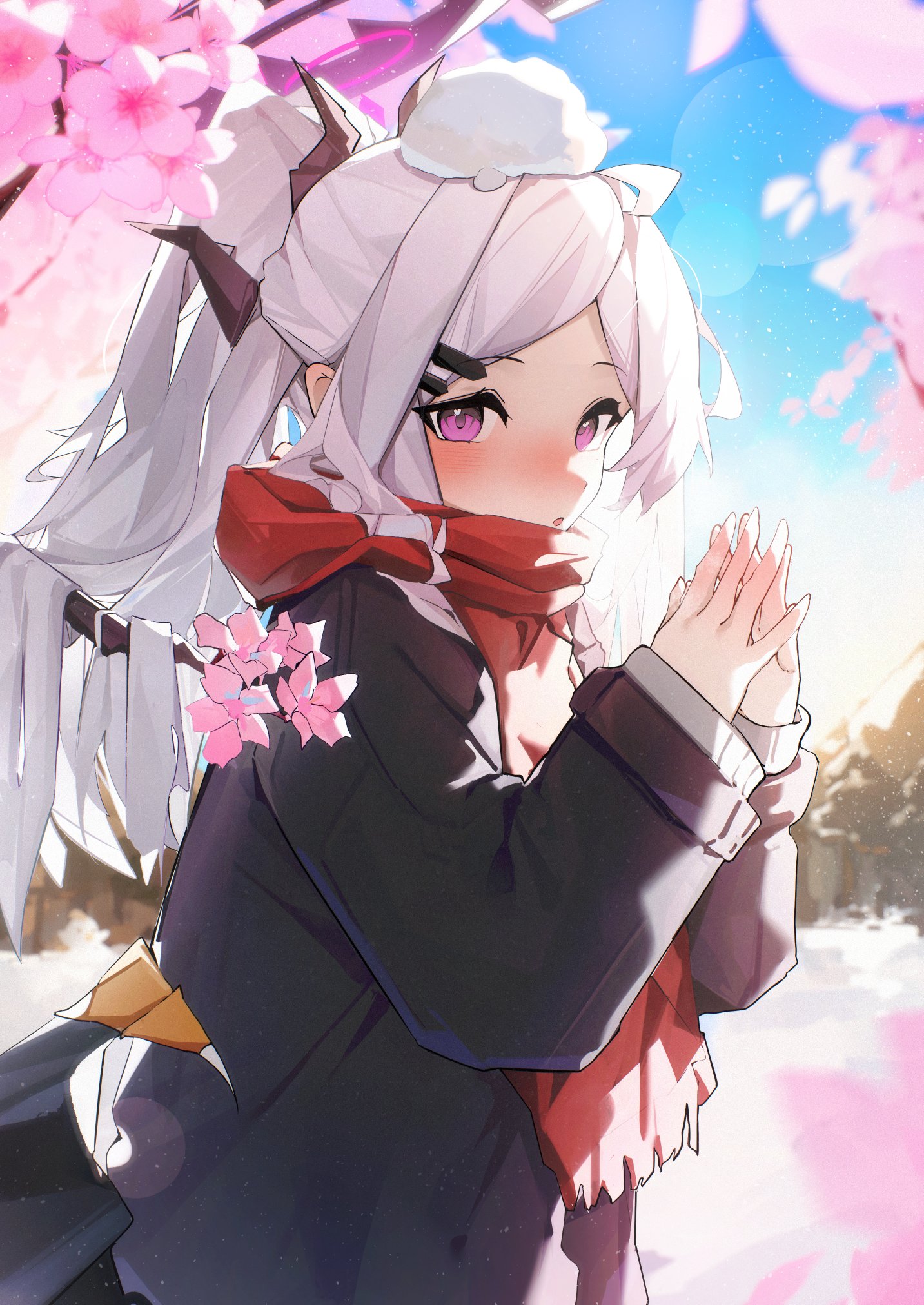 ayu (user xkhp7843), hina (blue archive), blue archive, highres, 1girl, ahoge, black halo, blue sky, blush, day, demon girl, demon horns, demon wings, halo, horns, long hair, looking at viewer, low wings, outdoors, purple eyes, red scarf, scarf, sky, snow, solo, white hair, wings, winter