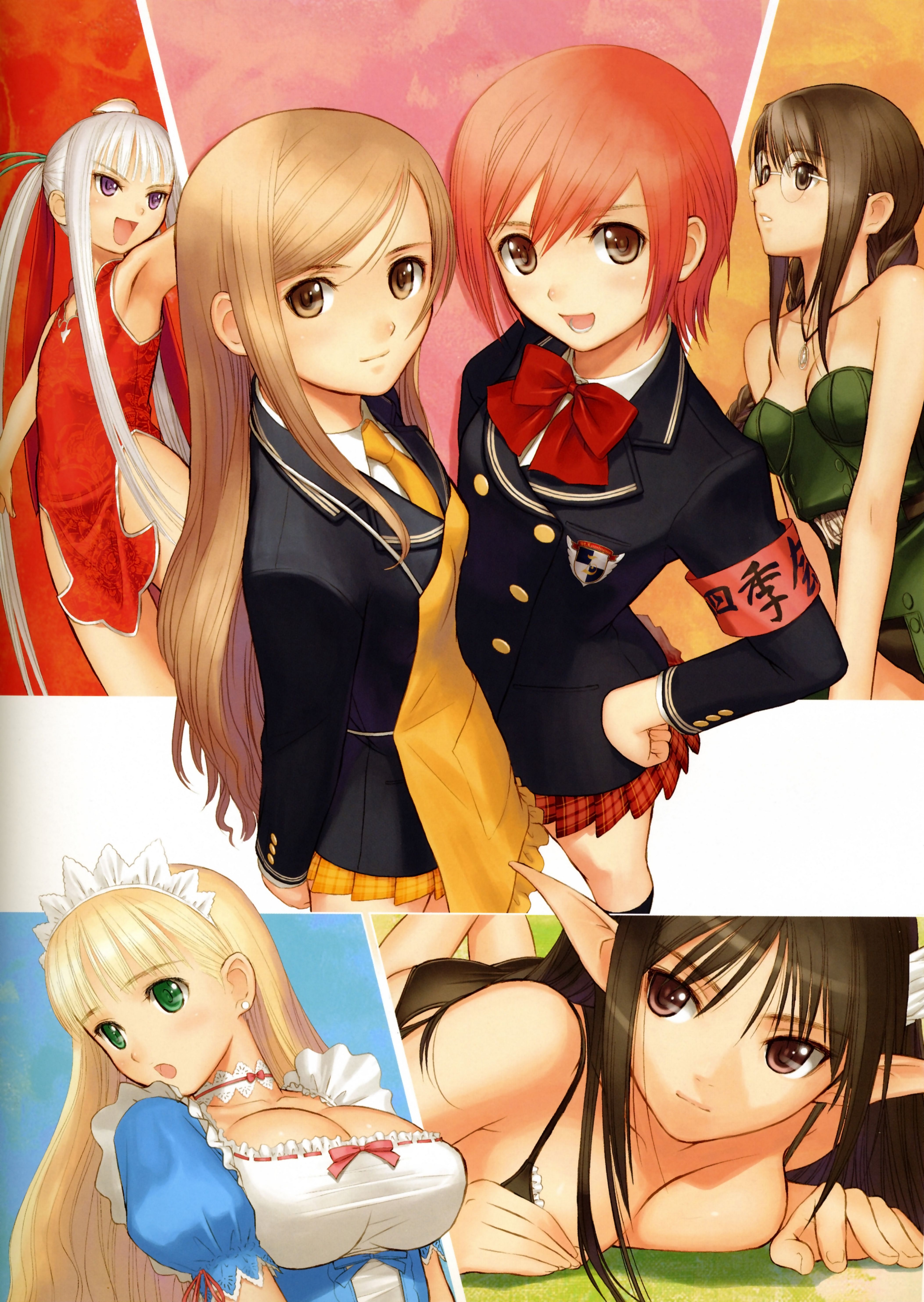 tony taka, clalaclan philias, hiruda reia, houmei, seena kanon, touka kureha, xecty ein, sega, shining (series), shining wind, absurdres, highres, scan, 6+girls, apron, armband, armpits, bikini, blonde hair, bow, breast press, breasts, brown eyes, brown hair, china dress, chinese clothes, cleavage, dress, earrings, elf, flat chest, glasses, green eyes, hat, head wings, huge breasts, jewelry, long hair, lying, multiple girls, no panties, open mouth, pointy ears, purple eyes, red hair, ribbon, school uniform, short hair, swimsuit, white hair, wings