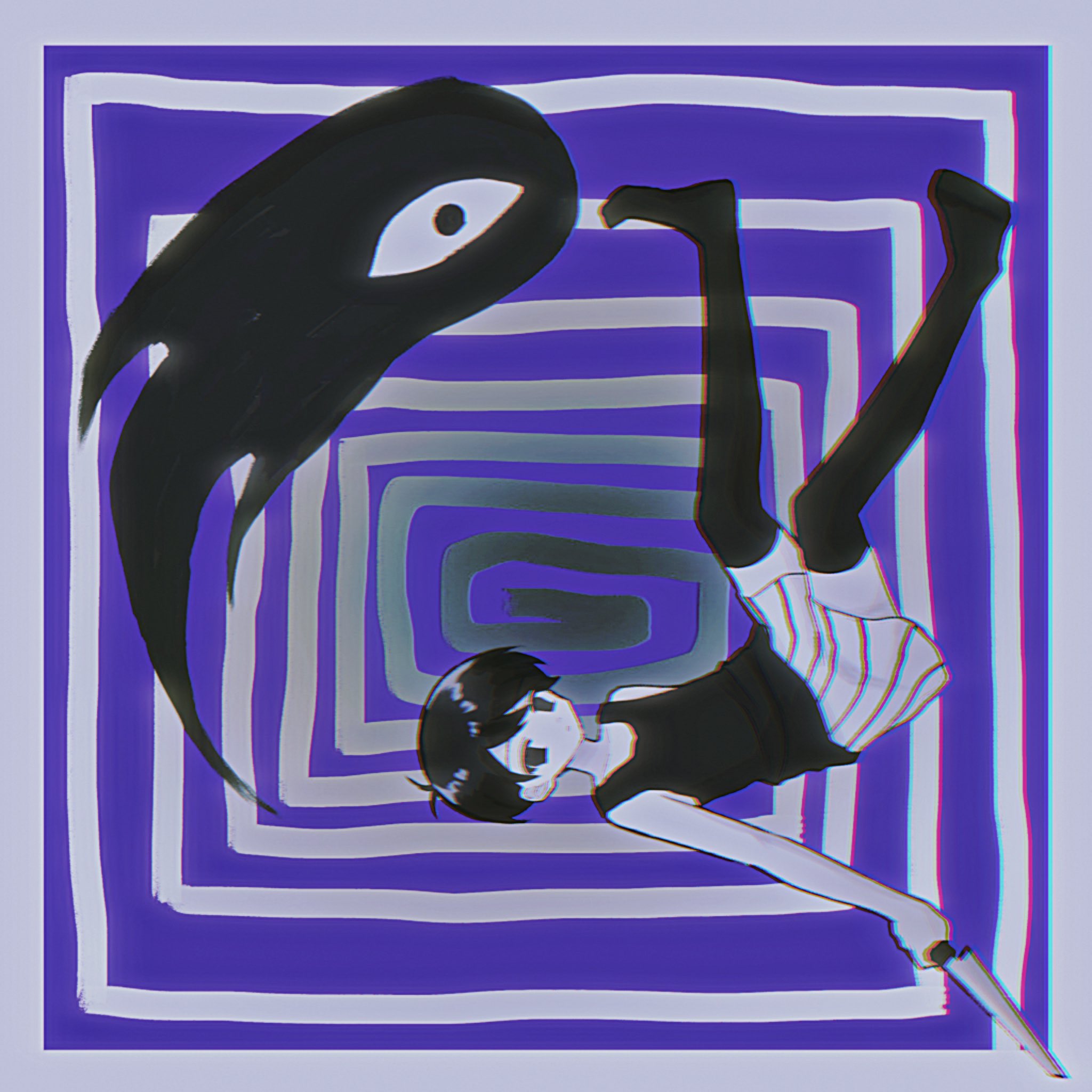 true erg, omori (omori), something (omori), omori, commentary, highres, symbol-only commentary, 1boy, antenna hair, black eyes, black hair, black tank top, black thighhighs, chromatic aberration, closed mouth, colored skin, double-parted bangs, expressionless, full body, hair between eyes, holding, holding knife, knife, looking at viewer, male focus, short hair, shorts, solo, striped clothes, striped shorts, tank top, thighhighs, vertical-striped clothes, vertical-striped shorts, white shorts, white skin