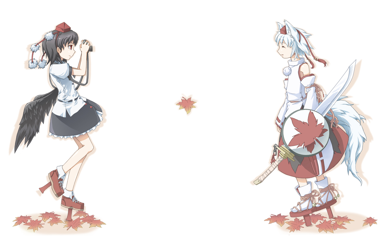 marujin, inubashiri momiji, shameimaru aya, touhou, 2girls, animal ears, black hair, black wings, camera, detached sleeves, female focus, geta, hat, leaf, multiple girls, red eyes, shield, short hair, sword, tail, tokin hat, weapon, white hair, wings, wolf ears, wolf tail