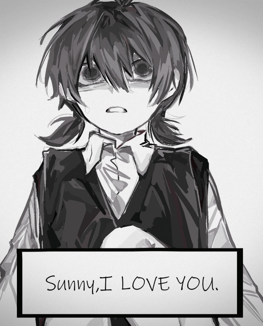 sunny (omori), omori, chinese commentary, commentary request, 1girl, alternate sleeve length, bags under eyes, character name, clenched teeth, collared shirt, dialogue box, double-parted bangs, english text, feet out of frame, from below, genderswap, genderswap (mtf), grey background, greyscale, hair between eyes, hair intakes, knees up, long sleeves, low twintails, mellocaa, monochrome, puffy long sleeves, puffy sleeves, scared, shirt, short hair, simple background, sitting, solo, straight-on, sweatdrop, sweater vest, teeth, twintails