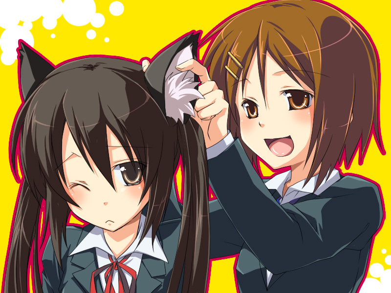onemu, hirasawa yui, nakano azusa, k-on!, bad id, bad pixiv id, 00s, 2girls, animal ears, black hair, brown eyes, brown hair, cat ears, hair ornament, hairclip, long hair, multiple girls, neck ribbon, red ribbon, ribbon, school uniform, short hair, twintails