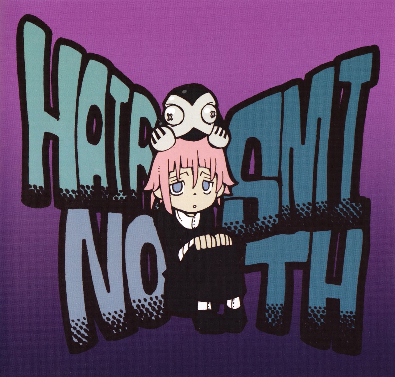 ohkubo atsushi, crona (soul eater), ragnarok (soul eater), highres, non-web source, 1girl, black dress, black skirt, blue eyes, button eyes, buttons, dress, long skirt, long sleeves, on floor, pink hair, purple background, shoes, short hair, skirt