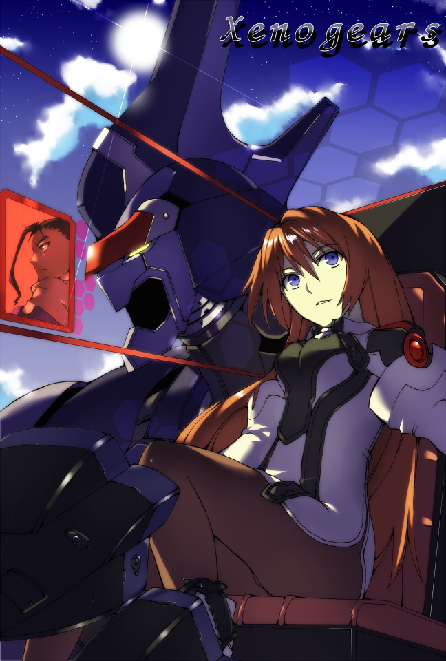 yosimura, elhaym van houten, fei fong wong, weltall, xenogears, bad id, bad pixiv id, 1girl, blue eyes, copyright name, long hair, orange hair, pantyhose