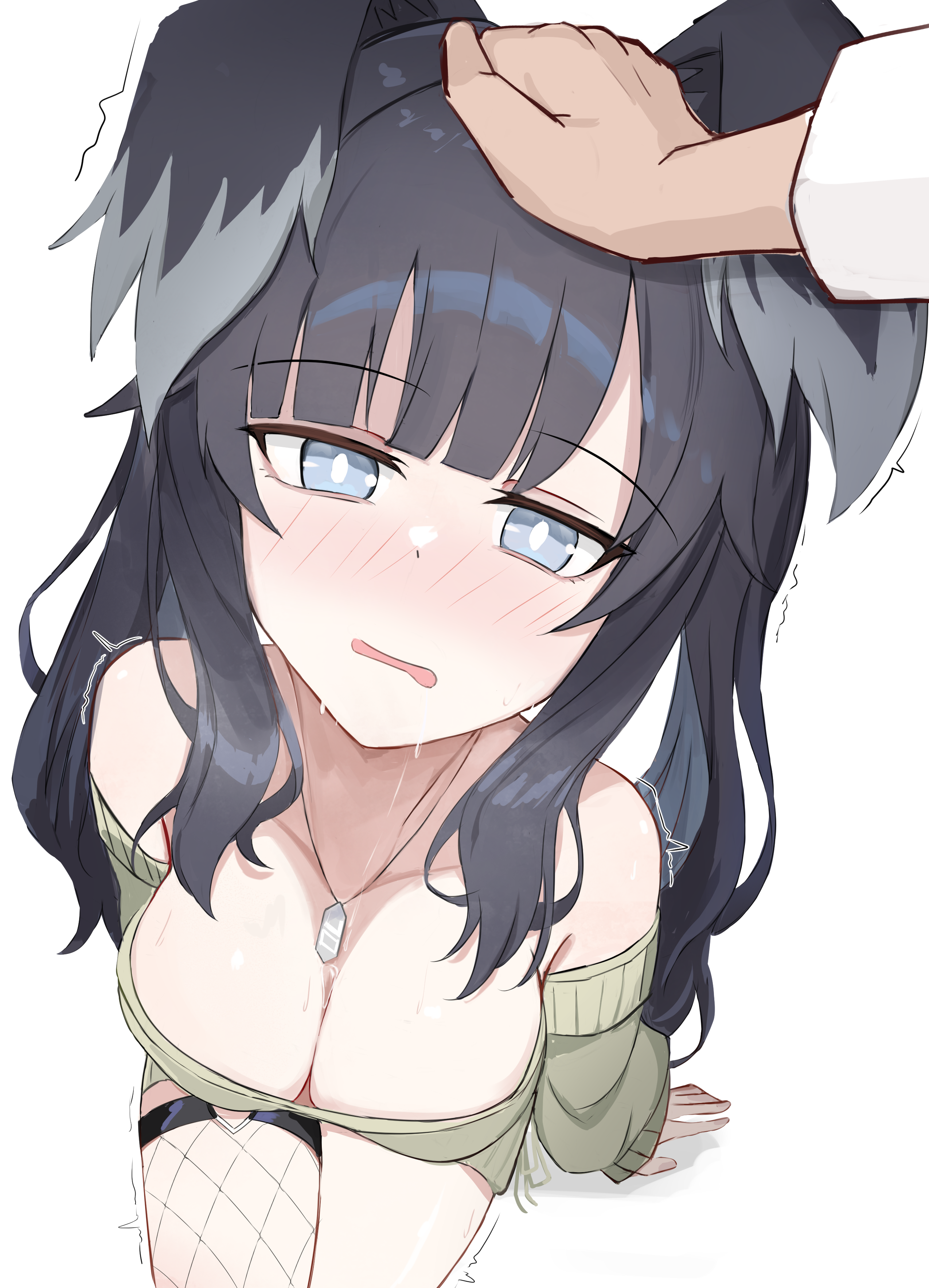 canvas sensei, hibiki (blue archive), blue archive, absurdres, highres, 1girl, animal ears, black hair, blue eyes, blush, breasts, dog ears, dog girl, engineering department (blue archive), long hair, looking at viewer, simple background, solo, sweat, white background