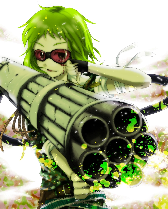 okra boom, gumi, bokura no 16bit warz (vocaloid), vocaloid, bad id, bad pixiv id, 1girl, blood, bullet, female focus, fingerless gloves, gatling gun, gloves, goggles, green hair, gun, huge weapon, minigun, short hair, smile, solo, tears, weapon