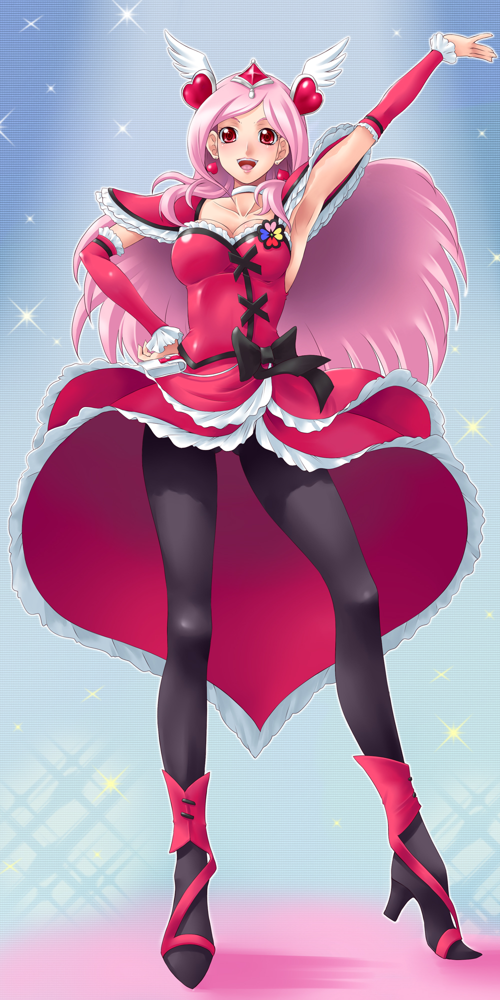 yaso shigeru, cure passion, higashi setsuna, fresh precure!, precure, highres, long image, spoilers, tall image, 00s, 1girl, :d, arm up, armpits, black pantyhose, bow, choker, detached sleeves, dress, earrings, eyelashes, female focus, frills, full body, hair ornament, hand on own hip, head wings, heart, heart hair ornament, high heels, hip focus, jewelry, legs, long hair, looking at viewer, magical girl, open mouth, pantyhose, pink hair, red eyes, shoes, smile, solo, standing, waist bow, white choker, wings