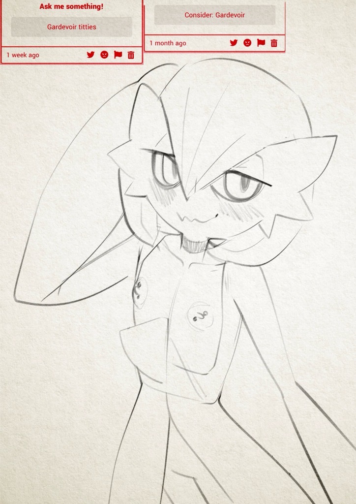 xu53r, gardevoir, nintendo, pokemon, graphite (medium), traditional media, 1girl, averting eyes, blush, bob cut, choker, collarbone, cowboy shot, english text, female focus, flat chest, gen 3 pokemon, greyscale, hair between eyes, half-closed eyes, hand up, happy, looking to the side, monochrome, nipple piercing, nipples, piercing, pokemon (creature), scratching head, short hair, shy, sideways glance, simple background, sketch, smile, solo, standing, twitter logo, wavy mouth, white background