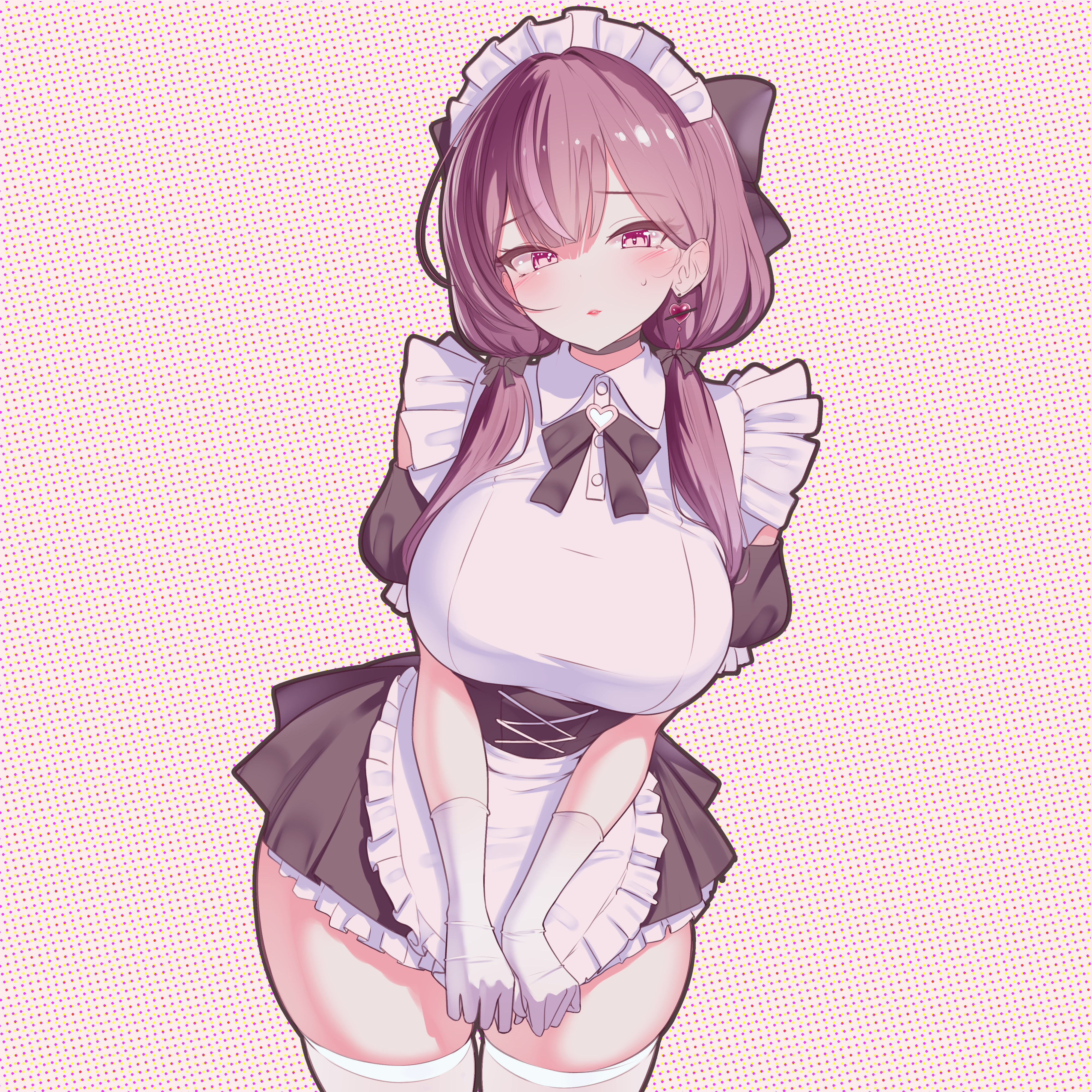 rapid17, jururu, waktaverse, absurdres, commentary request, highres, korean commentary, 1girl, apron, black dress, blush, bow, breasts, brown hair, buttons, criss-cross strings, detached sleeves, dress, earrings, elbow gloves, frilled apron, frilled dress, frills, gloves, hair between eyes, hair bow, heart, heart earrings, heart ribbon, jewelry, large breasts, long hair, looking at viewer, low-tied long hair, maid, maid headdress, pink background, pink eyes, pink lips, polka dot, polka dot background, puffy detached sleeves, puffy short sleeves, puffy sleeves, short sleeves, skirt hold, solo, standing, sweatdrop, thighhighs, thighs, two-tone dress, very long hair, virtual youtuber, white apron, white dress, white gloves, white headdress, white thighhighs